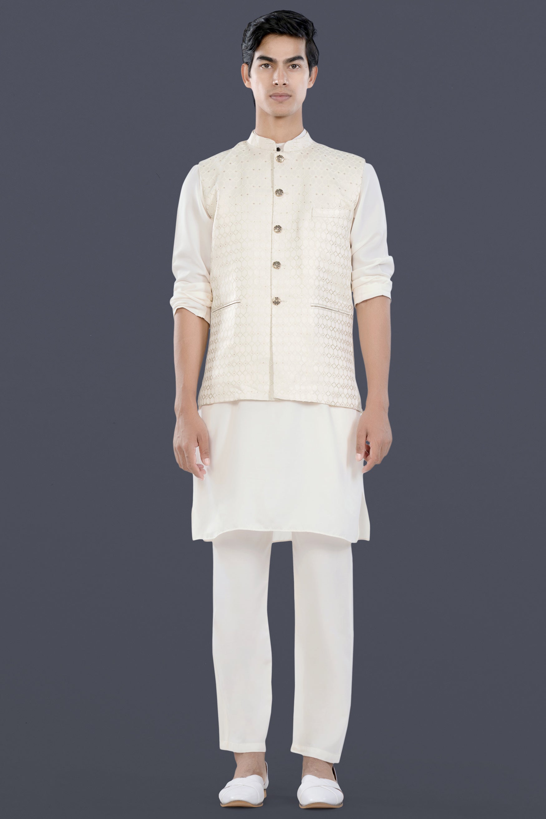 Albescent Cream Trellis Jacquard Textured Designer Nehru Jacket WC3475-36, WC3475-38, WC3475-40, WC3475-42, WC3475-44, WC3475-46, WC3475-48, WC3475-50, WC3475-52, WC3475-54, WC3475-56, WC3475-58, WC3475-60