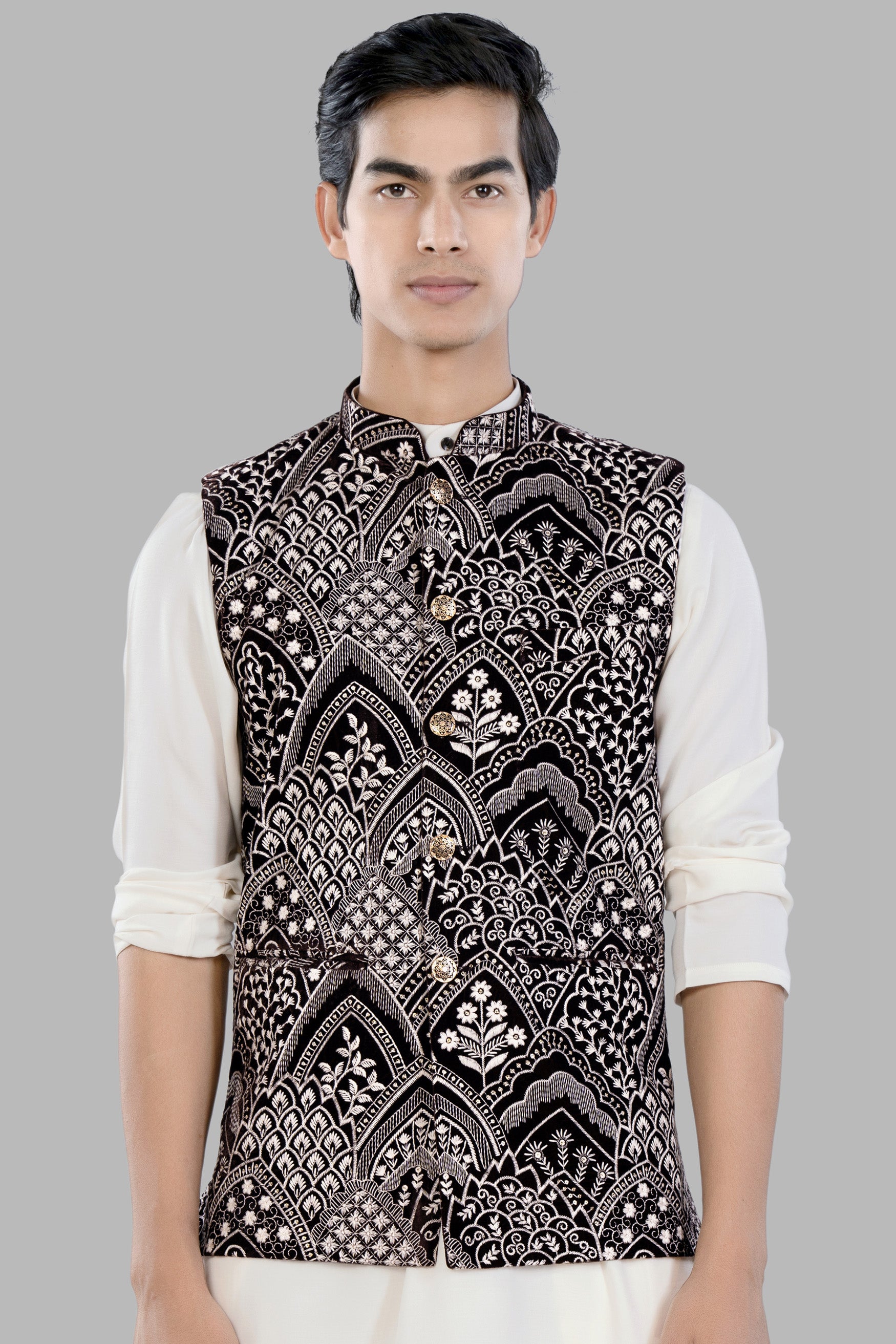 Crater Brown and White Floral Thread Embroidered Designer Nehru Jacket WC3476-36, WC3476-38, WC3476-40, WC3476-42, WC3476-44, WC3476-46, WC3476-48, WC3476-50, WC3476-52, WC3476-54, WC3476-56, WC3476-58, WC3476-60