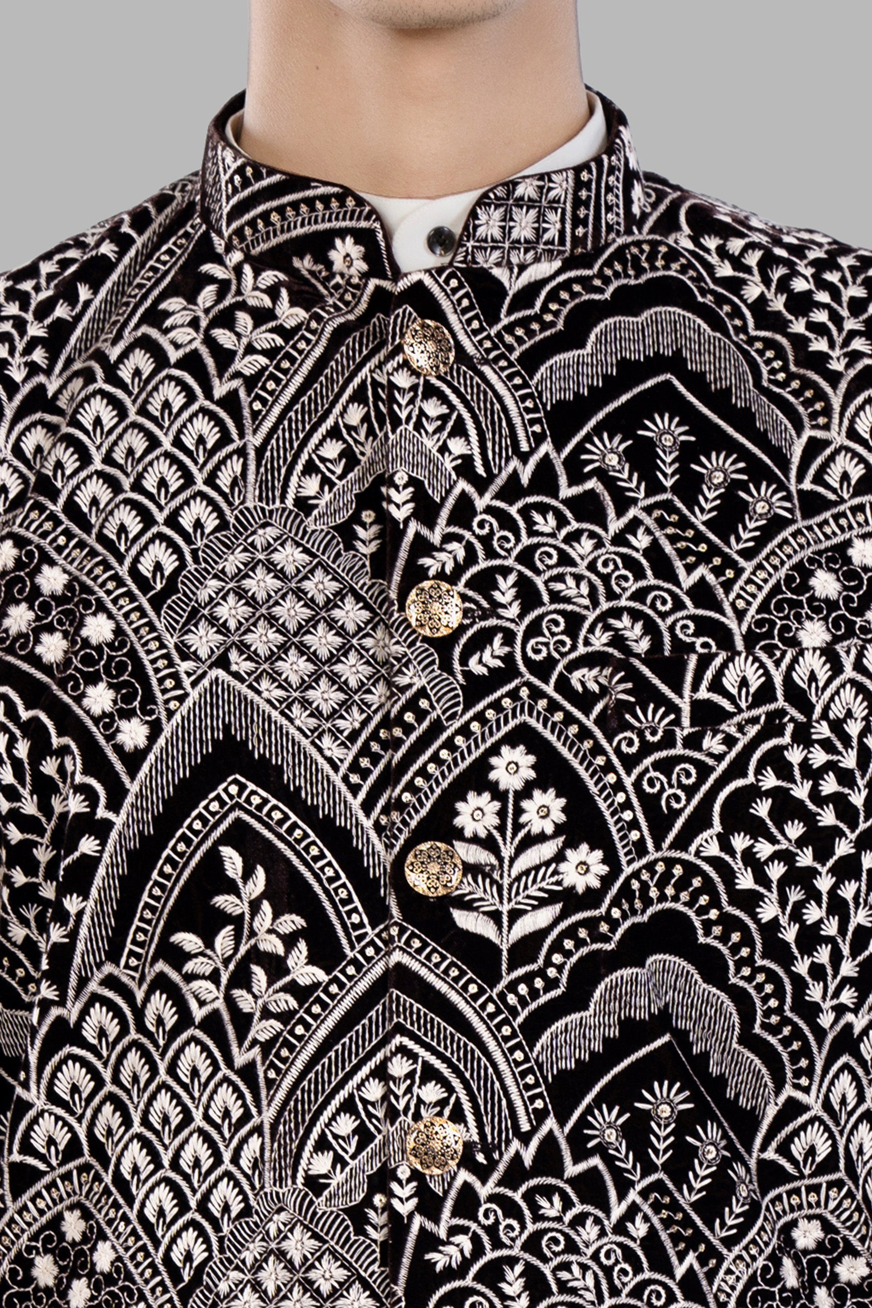Crater Brown and White Floral Thread Embroidered Designer Nehru Jacket WC3476-36, WC3476-38, WC3476-40, WC3476-42, WC3476-44, WC3476-46, WC3476-48, WC3476-50, WC3476-52, WC3476-54, WC3476-56, WC3476-58, WC3476-60