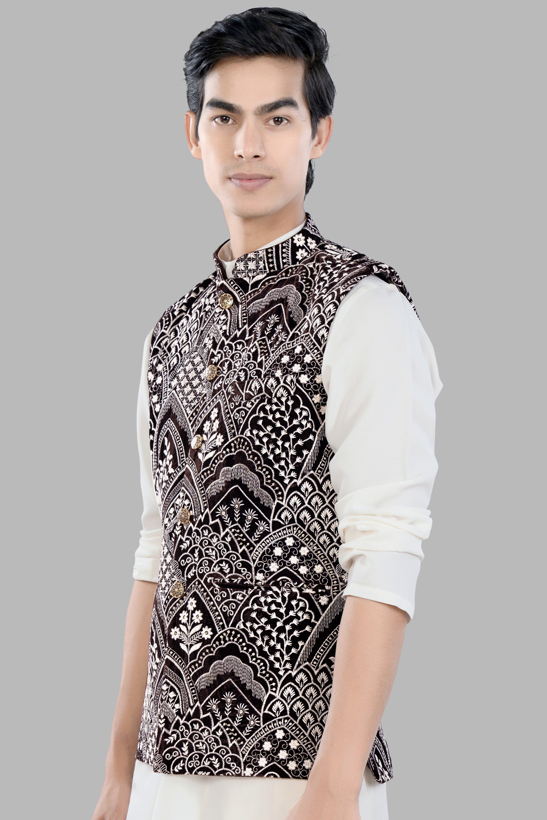 Crater Brown and White Floral Thread Embroidered Designer Nehru Jacket WC3476-36, WC3476-38, WC3476-40, WC3476-42, WC3476-44, WC3476-46, WC3476-48, WC3476-50, WC3476-52, WC3476-54, WC3476-56, WC3476-58, WC3476-60