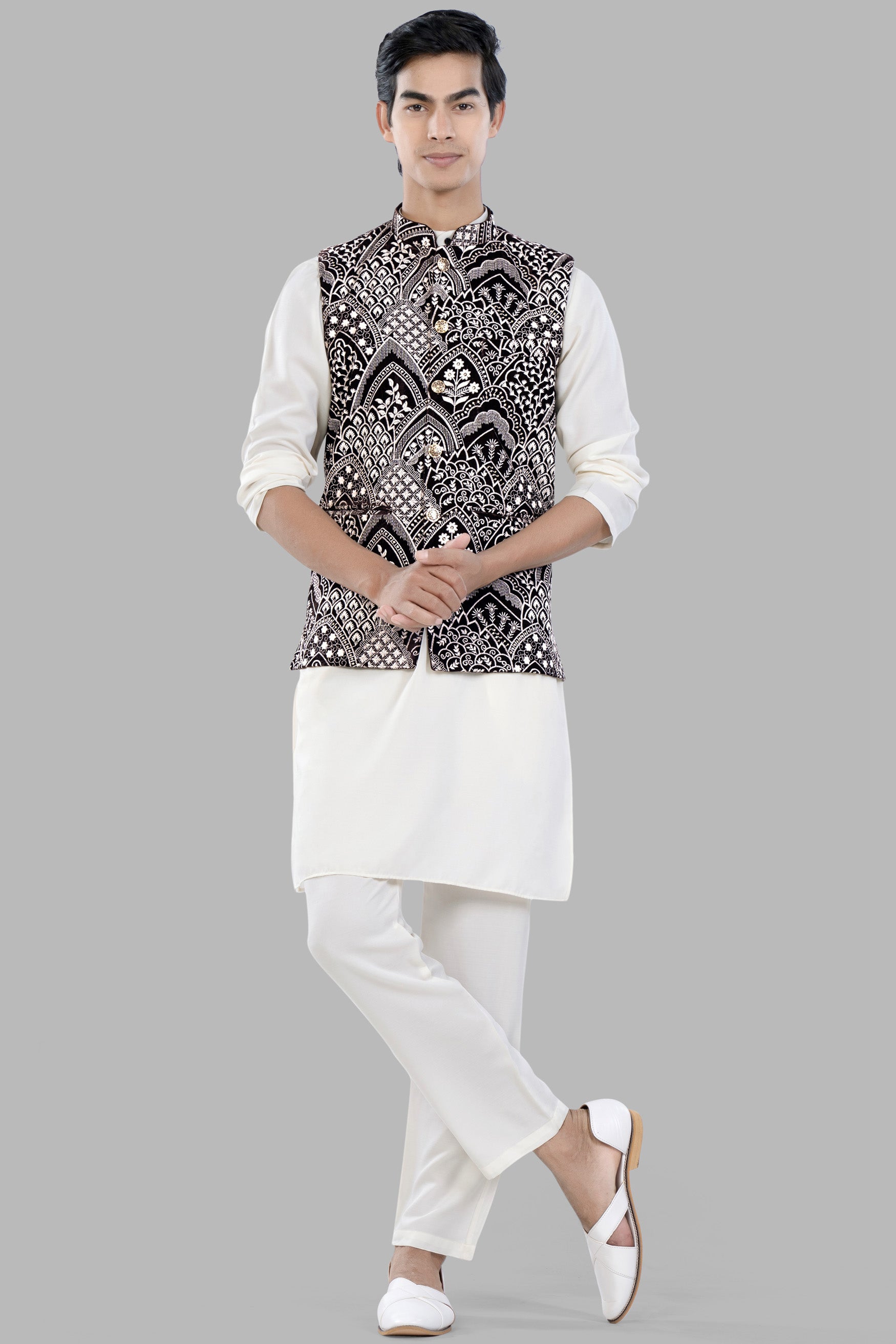 Crater Brown and White Floral Thread Embroidered Designer Nehru Jacket WC3476-36, WC3476-38, WC3476-40, WC3476-42, WC3476-44, WC3476-46, WC3476-48, WC3476-50, WC3476-52, WC3476-54, WC3476-56, WC3476-58, WC3476-60