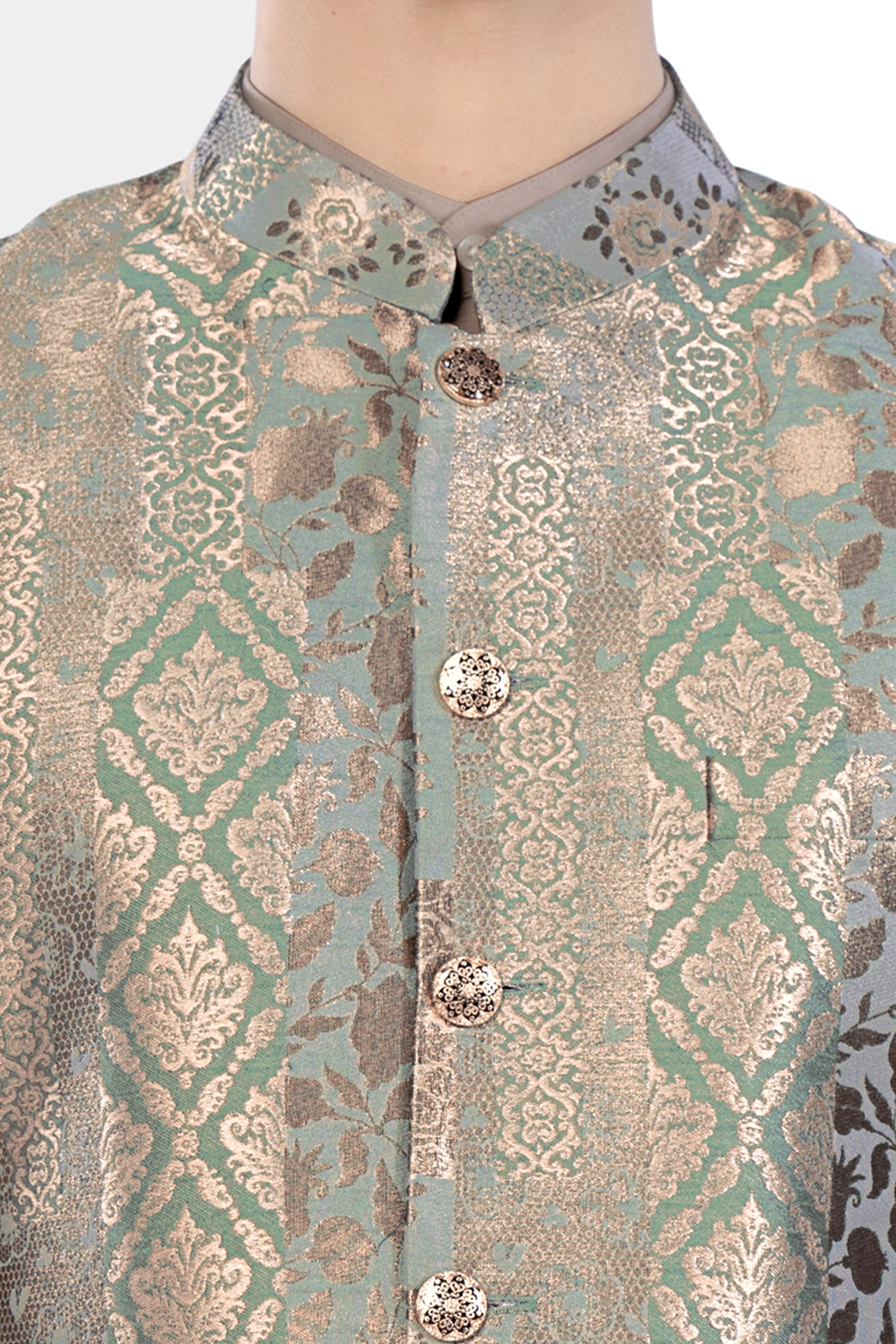 Envy Green and Opium Brown Geometric Jacquard Textured Designer Nehru Jacket WC3477-36, WC3477-38, WC3477-40, WC3477-42, WC3477-44, WC3477-46, WC3477-48, WC3477-50, WC3477-52, WC3477-54, WC3477-56, WC3477-58, WC3477-60