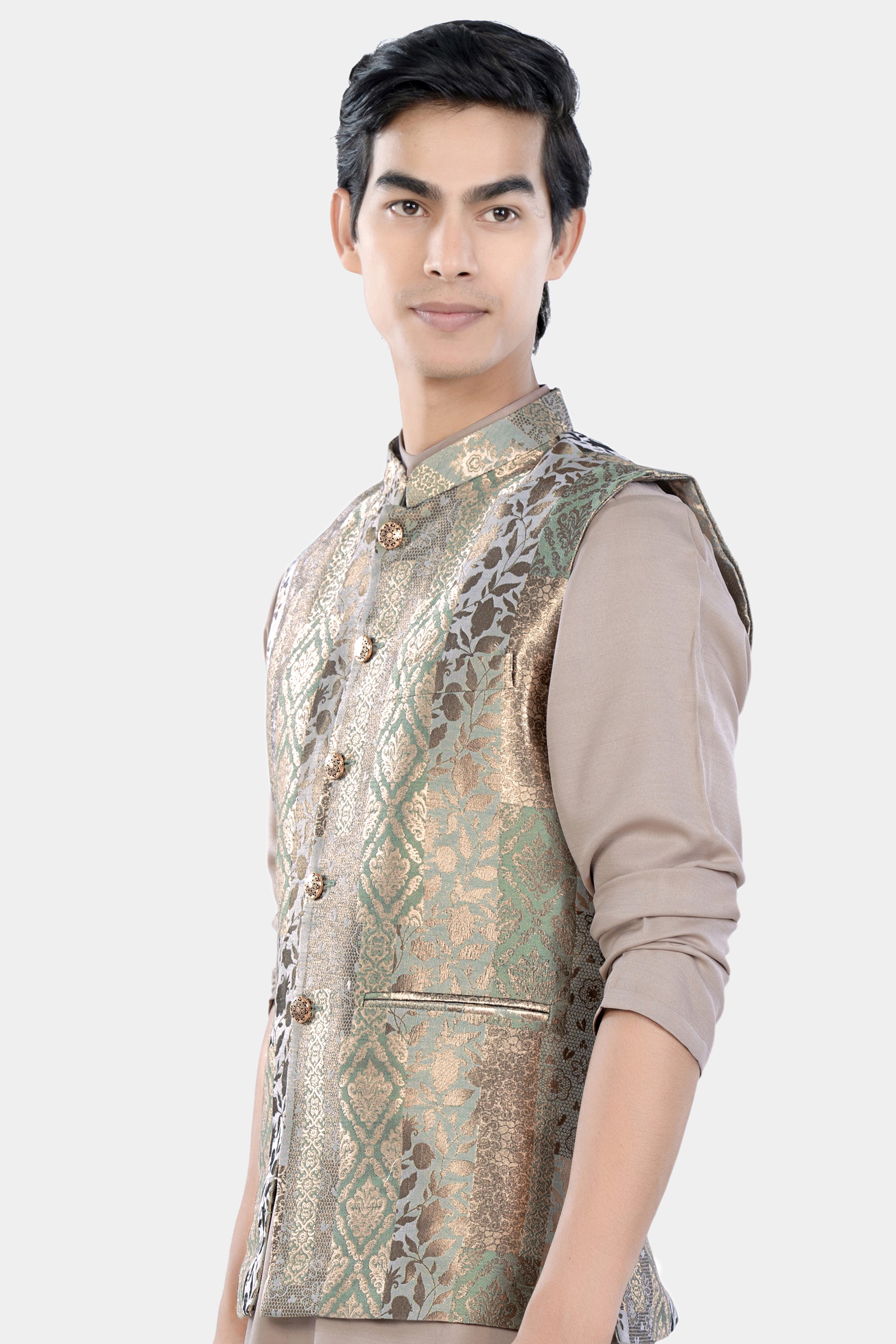 Envy Green and Opium Brown Geometric Jacquard Textured Designer Nehru Jacket WC3477-36, WC3477-38, WC3477-40, WC3477-42, WC3477-44, WC3477-46, WC3477-48, WC3477-50, WC3477-52, WC3477-54, WC3477-56, WC3477-58, WC3477-60
