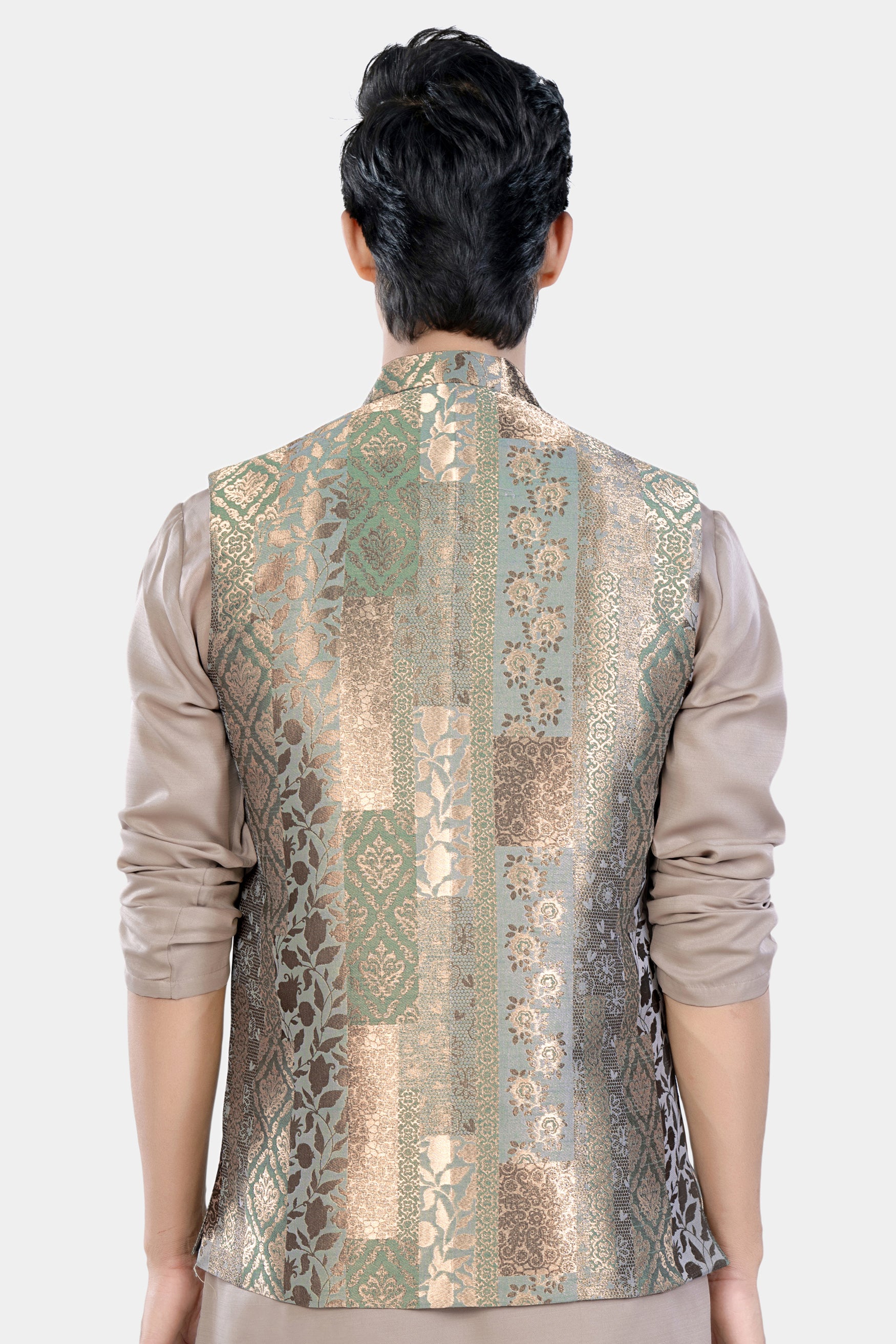 Envy Green and Opium Brown Geometric Jacquard Textured Designer Nehru Jacket WC3477-36, WC3477-38, WC3477-40, WC3477-42, WC3477-44, WC3477-46, WC3477-48, WC3477-50, WC3477-52, WC3477-54, WC3477-56, WC3477-58, WC3477-60