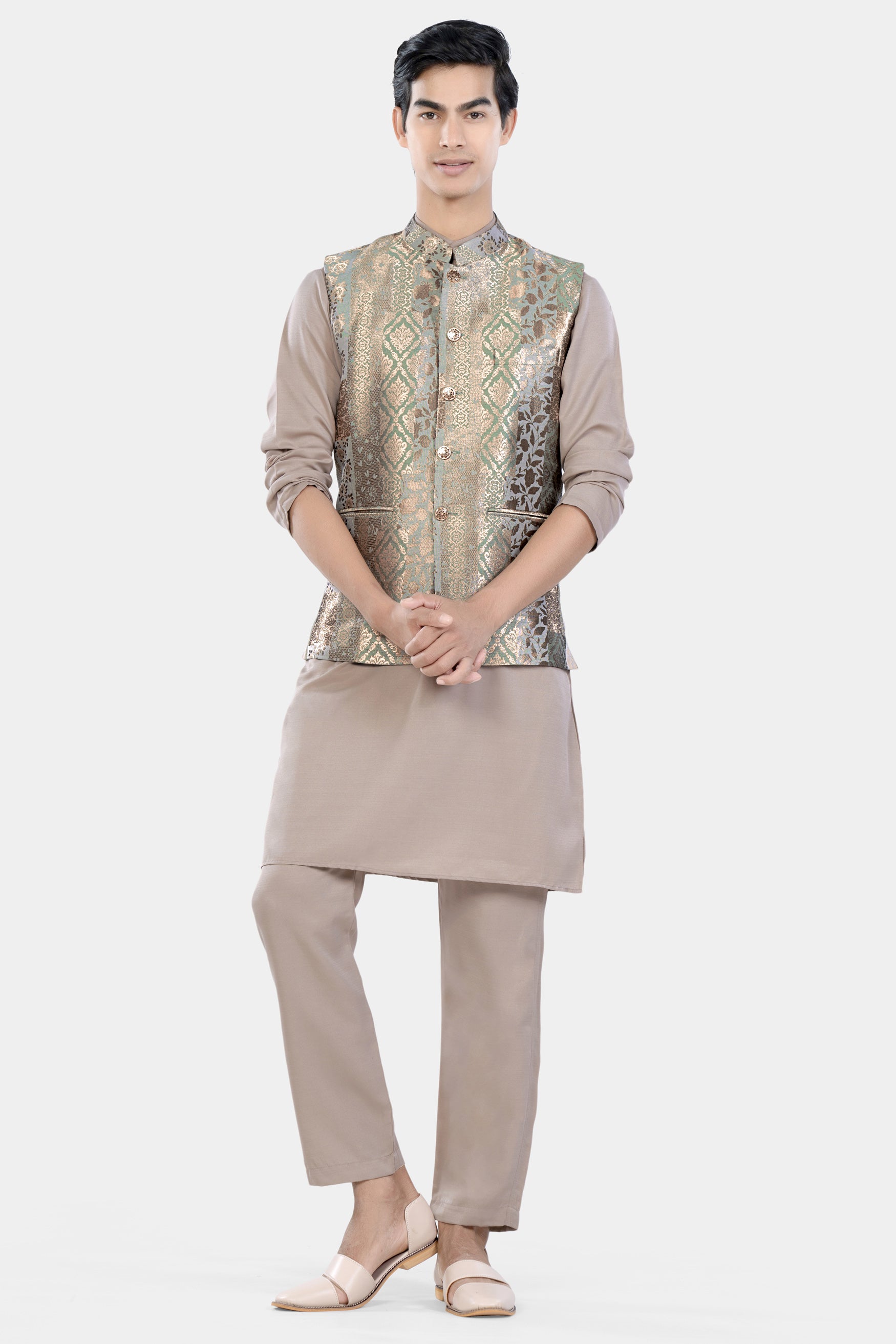 Envy Green and Opium Brown Geometric Jacquard Textured Designer Nehru Jacket WC3477-36, WC3477-38, WC3477-40, WC3477-42, WC3477-44, WC3477-46, WC3477-48, WC3477-50, WC3477-52, WC3477-54, WC3477-56, WC3477-58, WC3477-60
