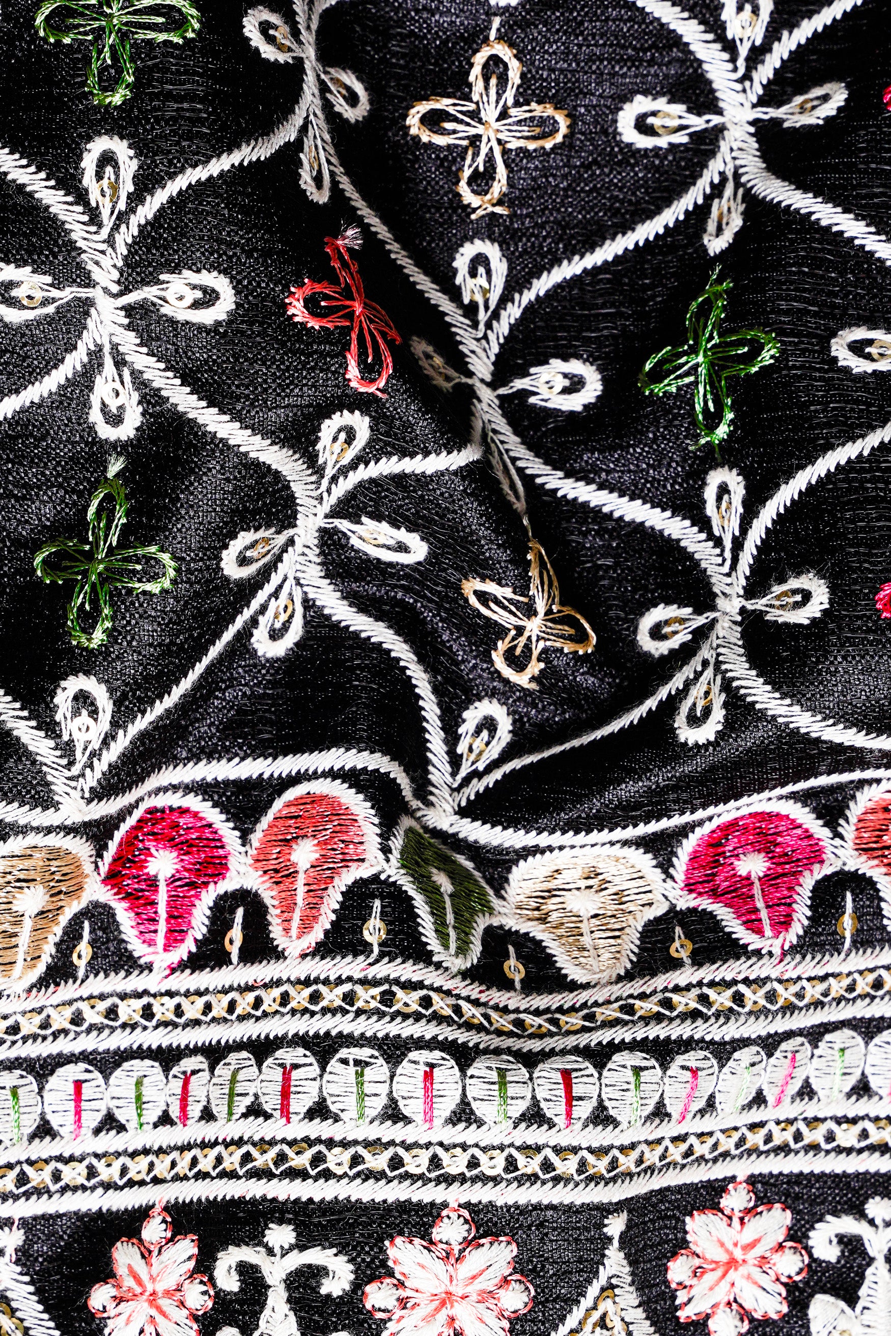 Jade Black and White Multicolour Ogee Pattern Embroidered Nehru Jacket WC3480-36,  WC3480-38,  WC3480-40,  WC3480-42,  WC3480-44,  WC3480-46,  WC3480-48,  WC3480-50,  WC3480-52,  WC3480-54,  WC3480-56,  WC3480-58,  WC3480-60