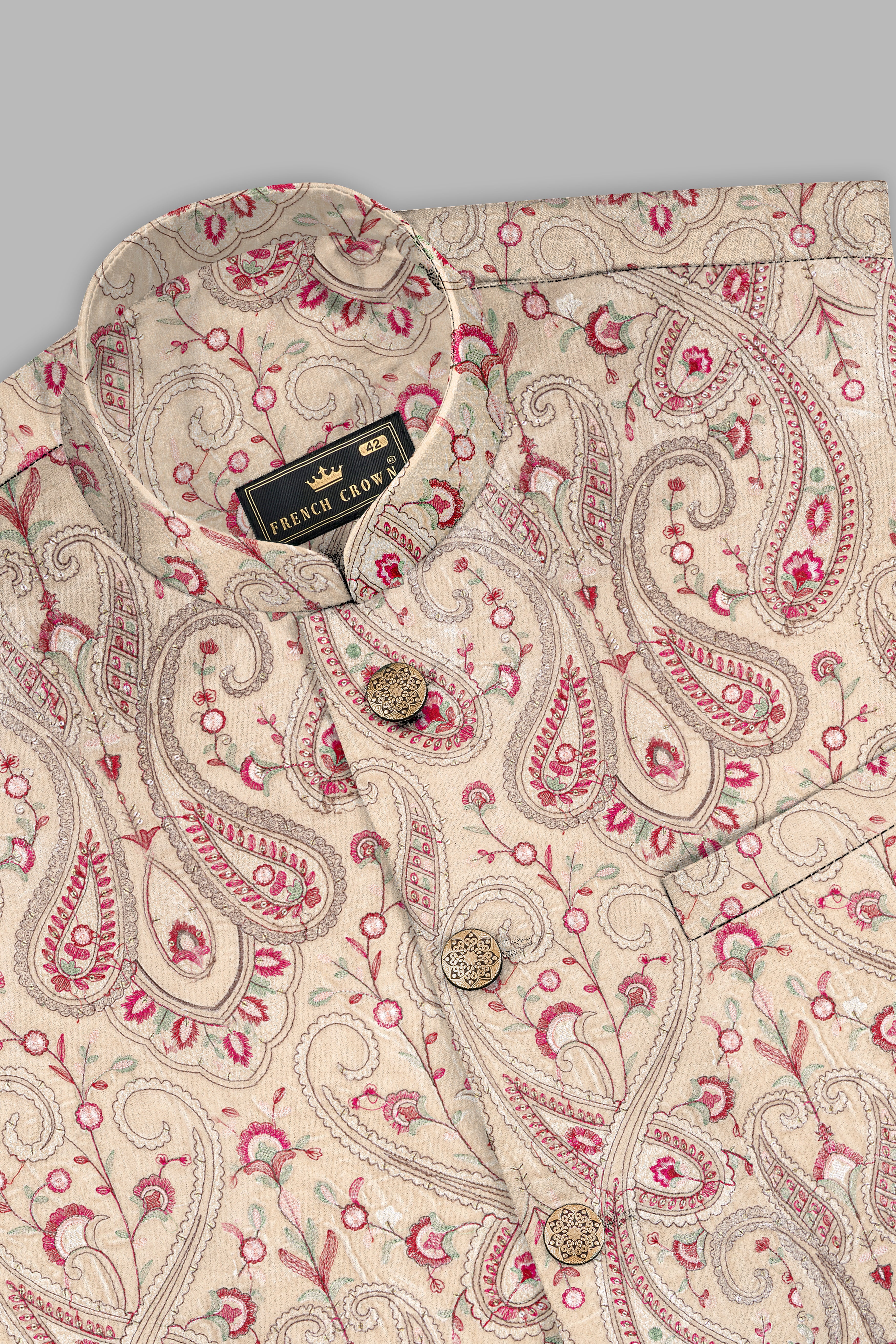 Bisque Brown and Cardinal Pink Floral Thread Embroidered Nehru Jacket WC3504-36, WC3504-38, WC3504-40, WC3504-42, WC3504-44, WC3504-46, WC3504-48, WC3504-50, WC3504-52, WC3504-54, WC3504-56, WC3504-58, WC3504-60
