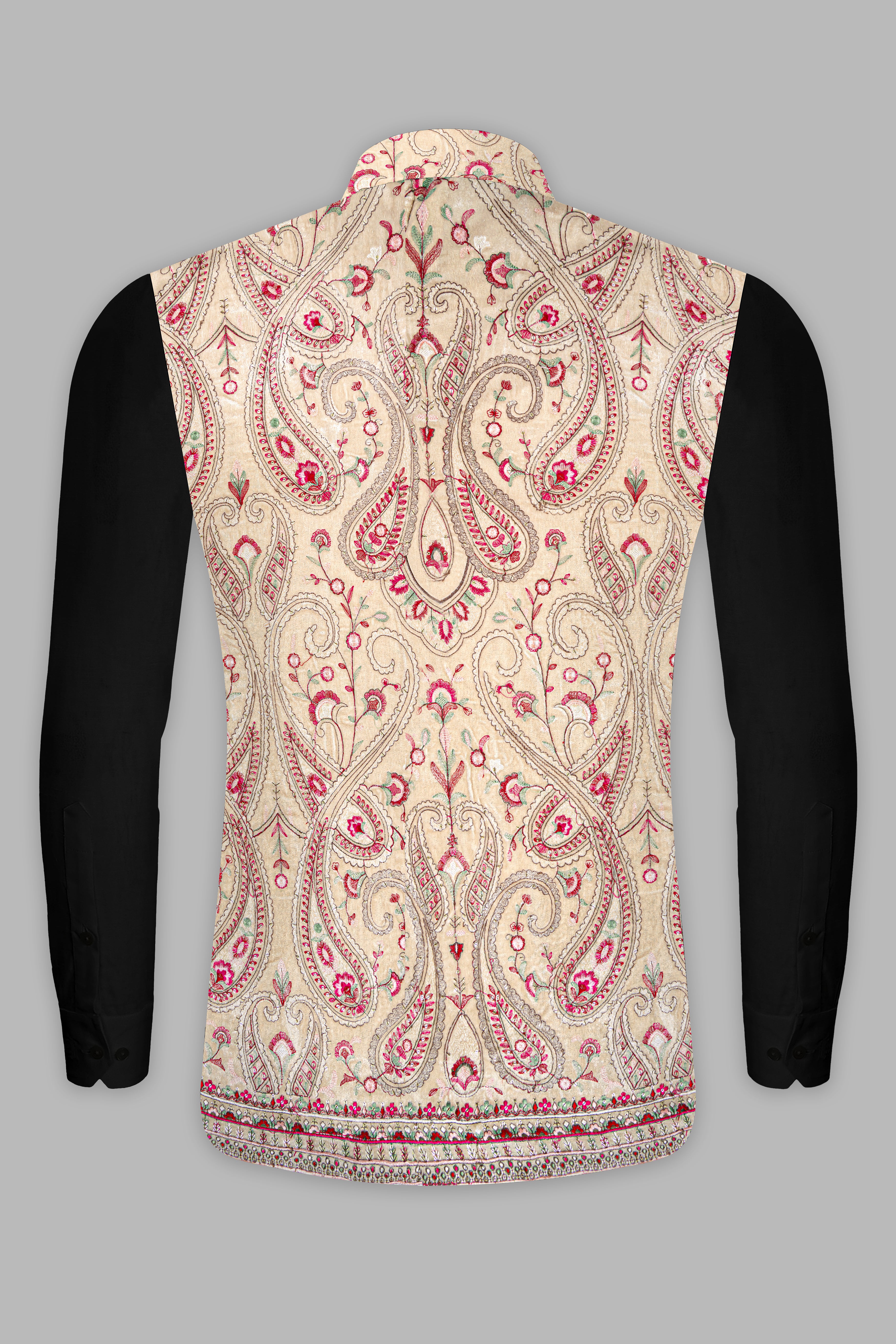 Bisque Brown and Cardinal Pink Floral Thread Embroidered Nehru Jacket WC3504-36, WC3504-38, WC3504-40, WC3504-42, WC3504-44, WC3504-46, WC3504-48, WC3504-50, WC3504-52, WC3504-54, WC3504-56, WC3504-58, WC3504-60