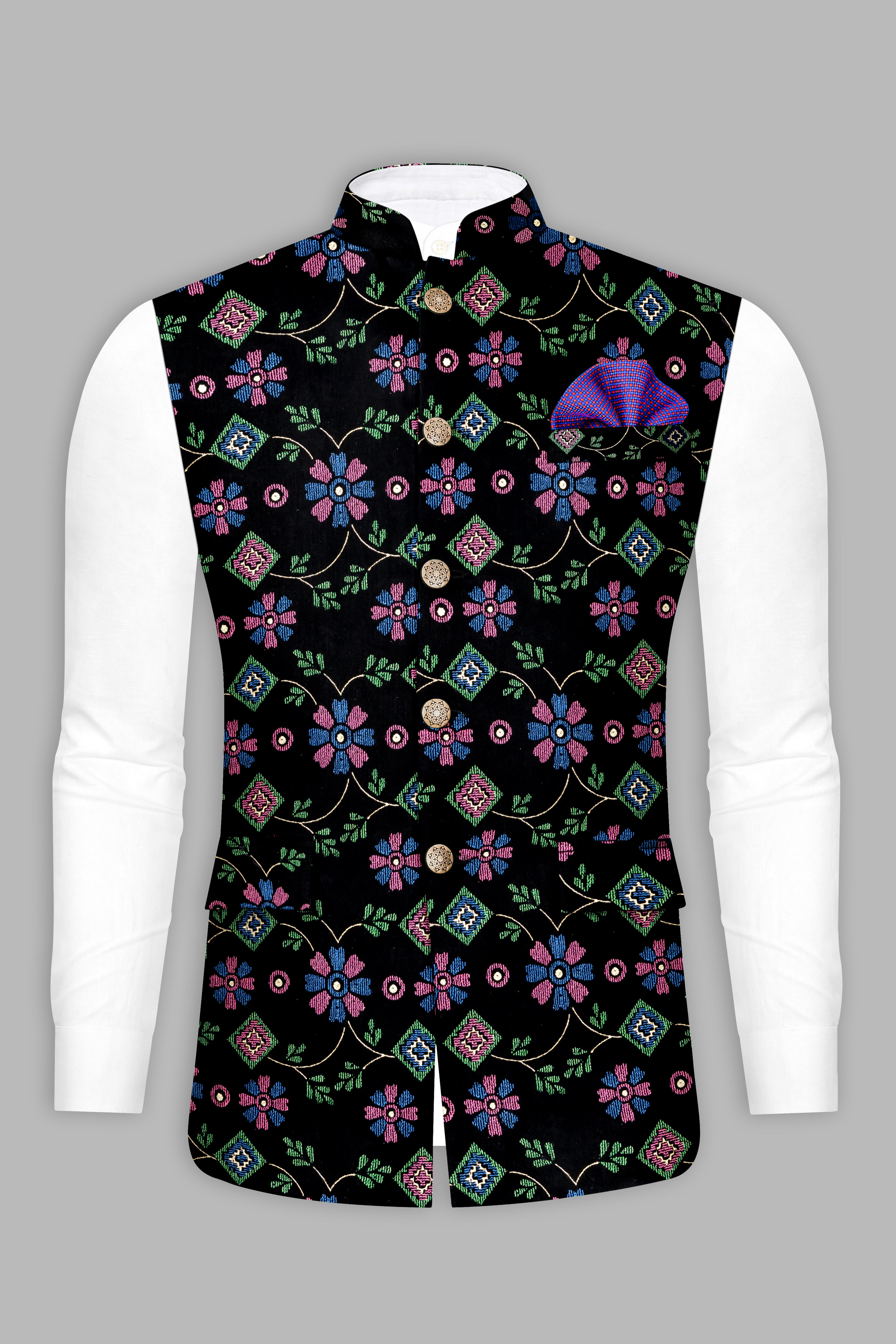 Jade Black and Glade Green Multicolour Floral Jacquard Weave Nehru Jacket WC3532-36,  WC3532-38,  WC3532-40,  WC3532-42,  WC3532-44,  WC3532-46,  WC3532-48,  WC3532-50,  WC3532-52,  WC3532-54,  WC3532-56,  WC3532-58,  WC3532-60