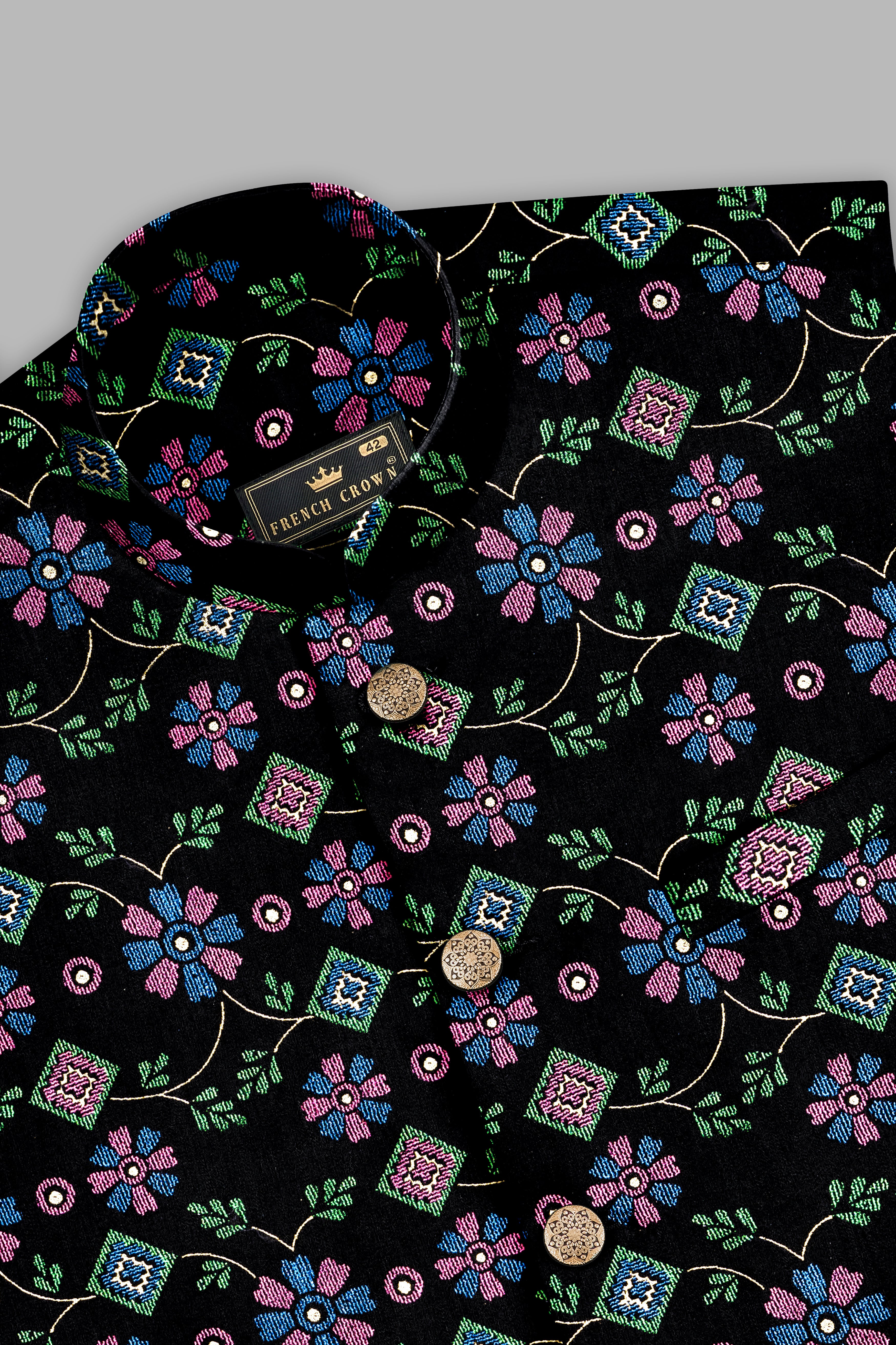 Jade Black and Glade Green Multicolour Floral Jacquard Weave Nehru Jacket WC3532-36, WC3532-38, WC3532-40, WC3532-42, WC3532-44, WC3532-46, WC3532-48, WC3532-50, WC3532-52, WC3532-54, WC3532-56, WC3532-58, WC3532-60