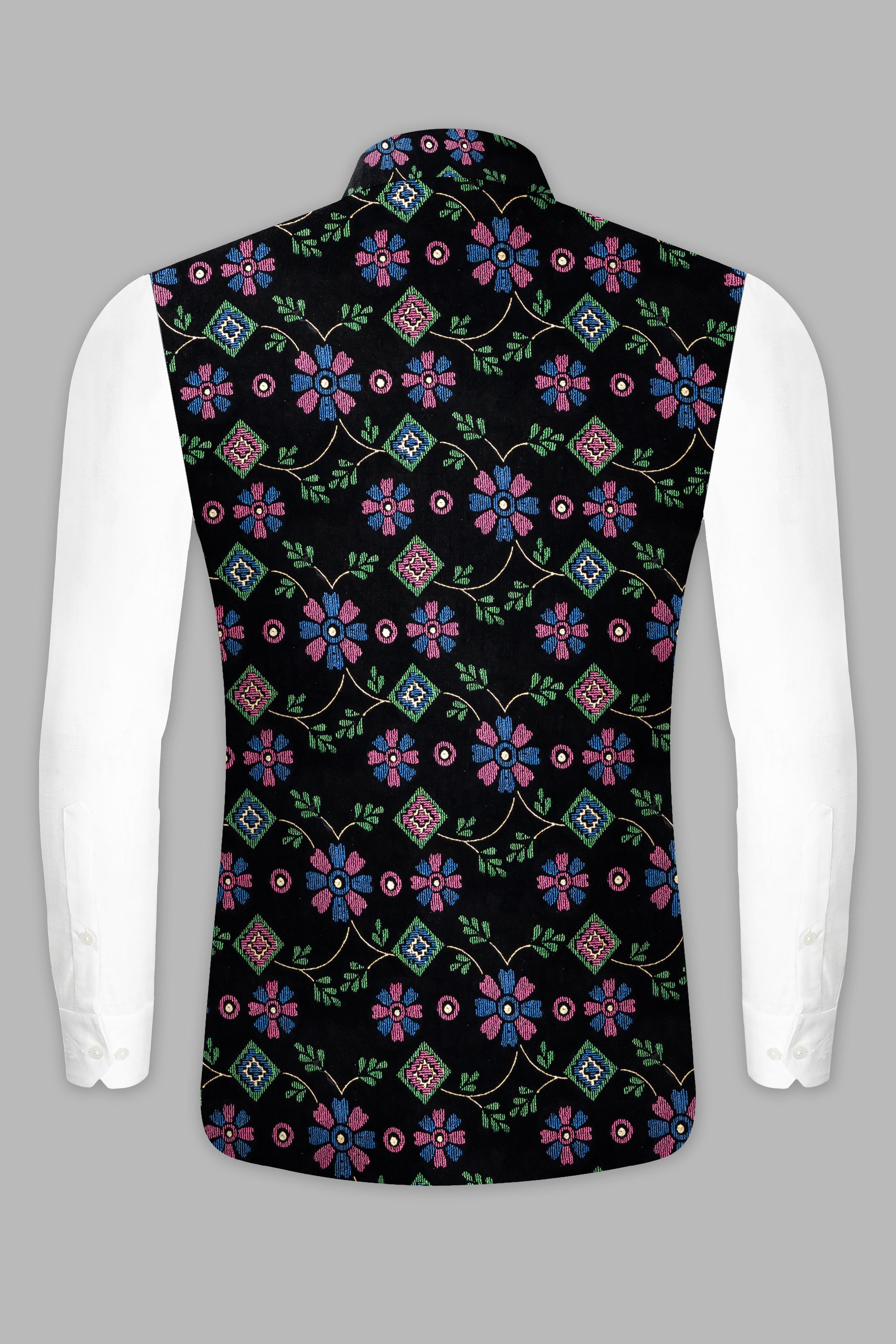 Jade Black and Glade Green Multicolour Floral Jacquard Weave Nehru Jacket WC3532-36, WC3532-38, WC3532-40, WC3532-42, WC3532-44, WC3532-46, WC3532-48, WC3532-50, WC3532-52, WC3532-54, WC3532-56, WC3532-58, WC3532-60