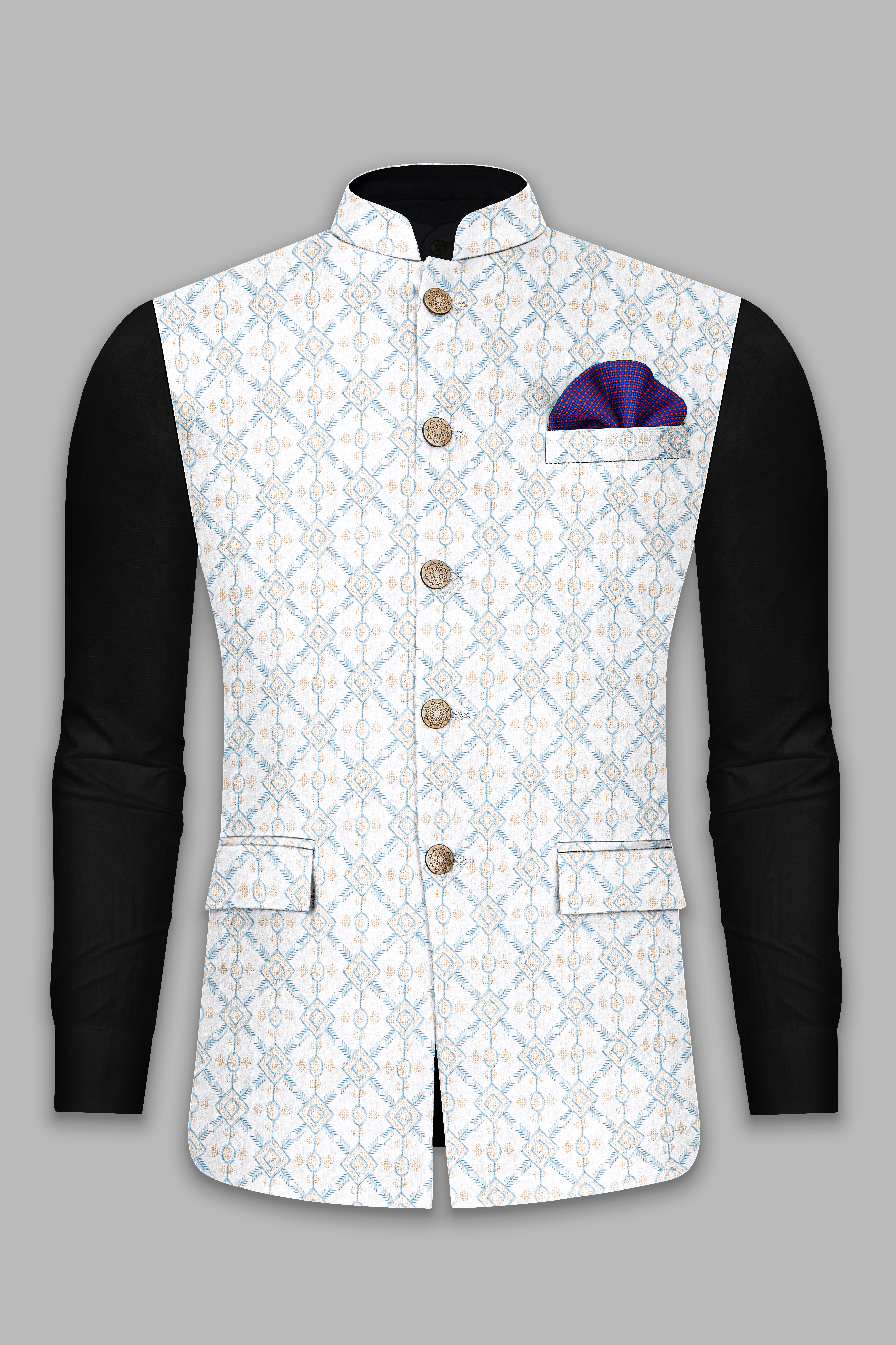 Sand Cream and Glacier Blue Geometric Thread Embroidered Nehru Jacket WC3535-36,  WC3535-38,  WC3535-40,  WC3535-42,  WC3535-44,  WC3535-46,  WC3535-48,  WC3535-50,  WC3535-52,  WC3535-54,  WC3535-56,  WC3535-58,  WC3535-60