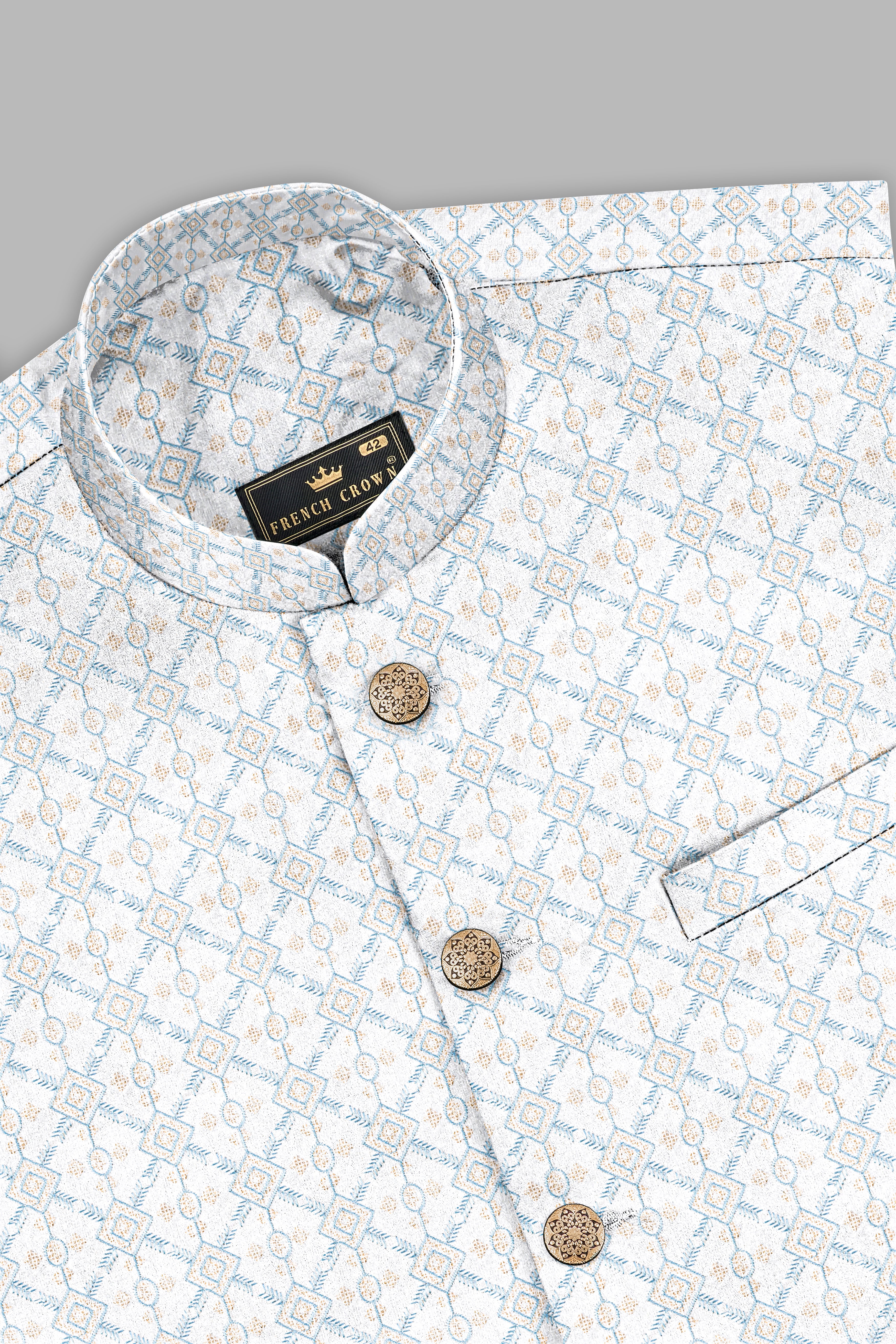 Sand Cream and Glacier Blue Geometric Thread Embroidered Nehru Jacket WC3535-36, WC3535-38, WC3535-40, WC3535-42, WC3535-44, WC3535-46, WC3535-48, WC3535-50, WC3535-52, WC3535-54, WC3535-56, WC3535-58, WC3535-60