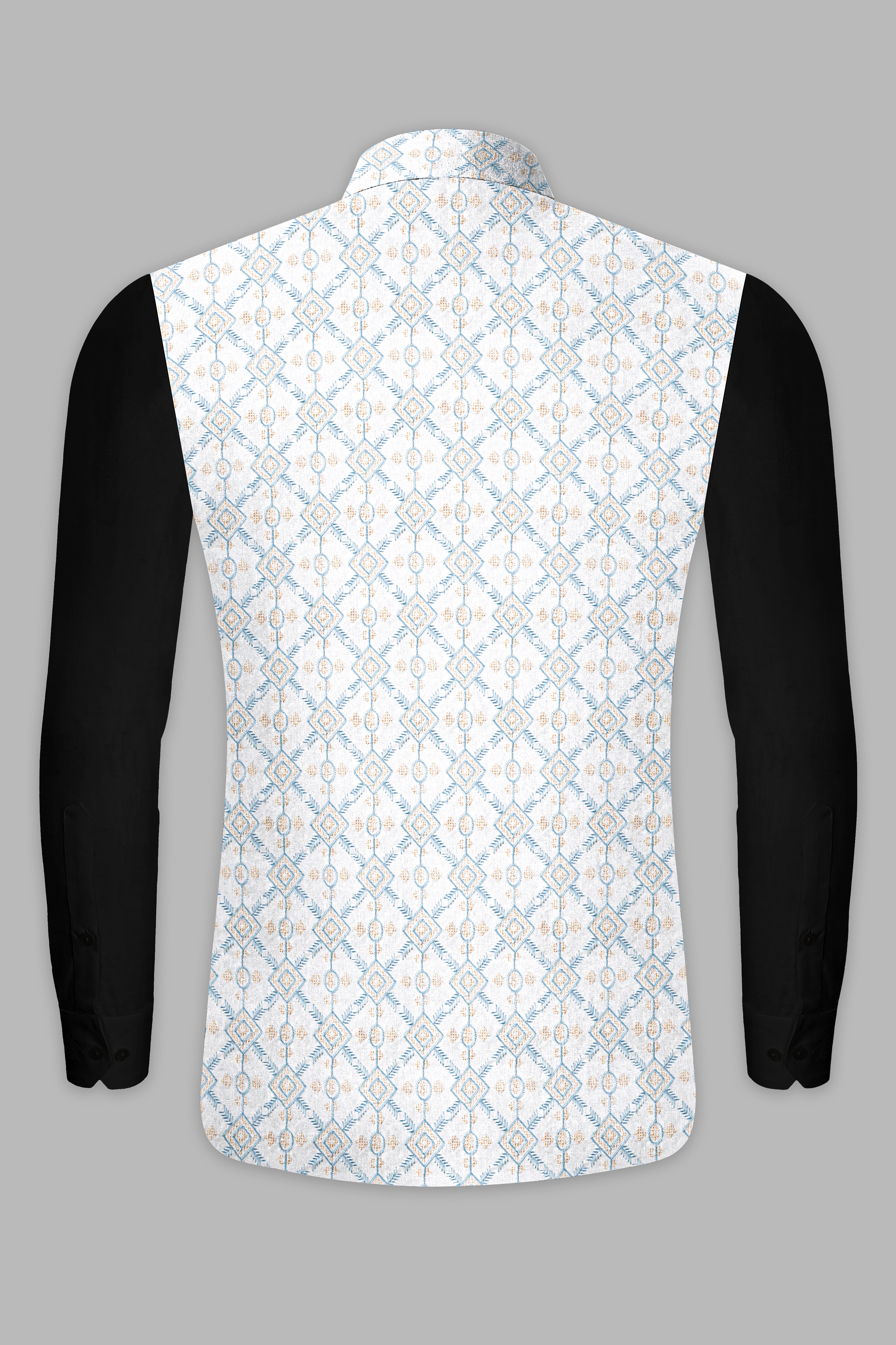 Sand Cream and Glacier Blue Geometric Thread Embroidered Nehru Jacket WC3535-36, WC3535-38, WC3535-40, WC3535-42, WC3535-44, WC3535-46, WC3535-48, WC3535-50, WC3535-52, WC3535-54, WC3535-56, WC3535-58, WC3535-60