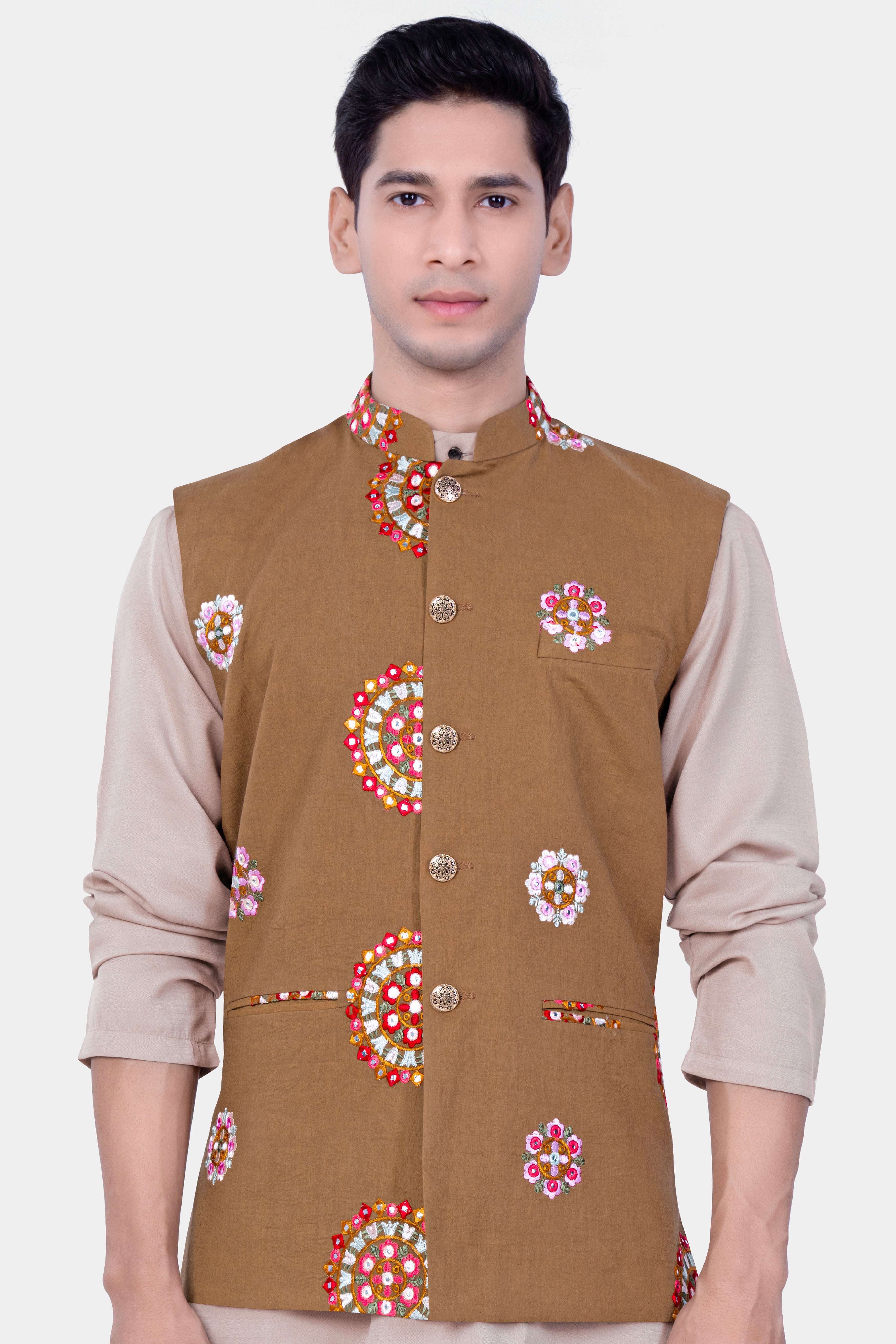 Spicy Mix Brown With Shisha work Embroidered Nehru Jacket