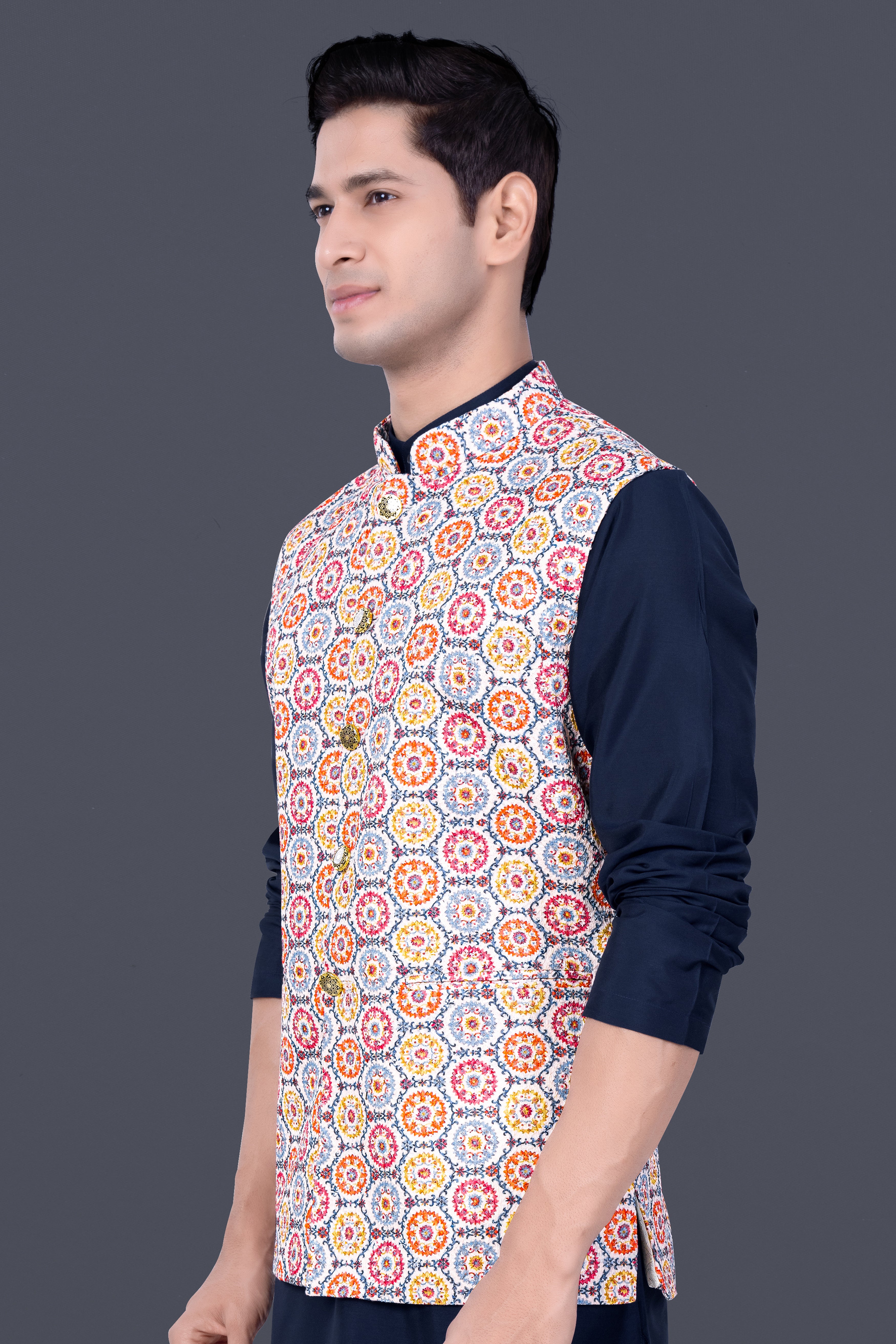 Bright White And Cyan Blue Multicolour Thread Embroidered Nehru Jacket