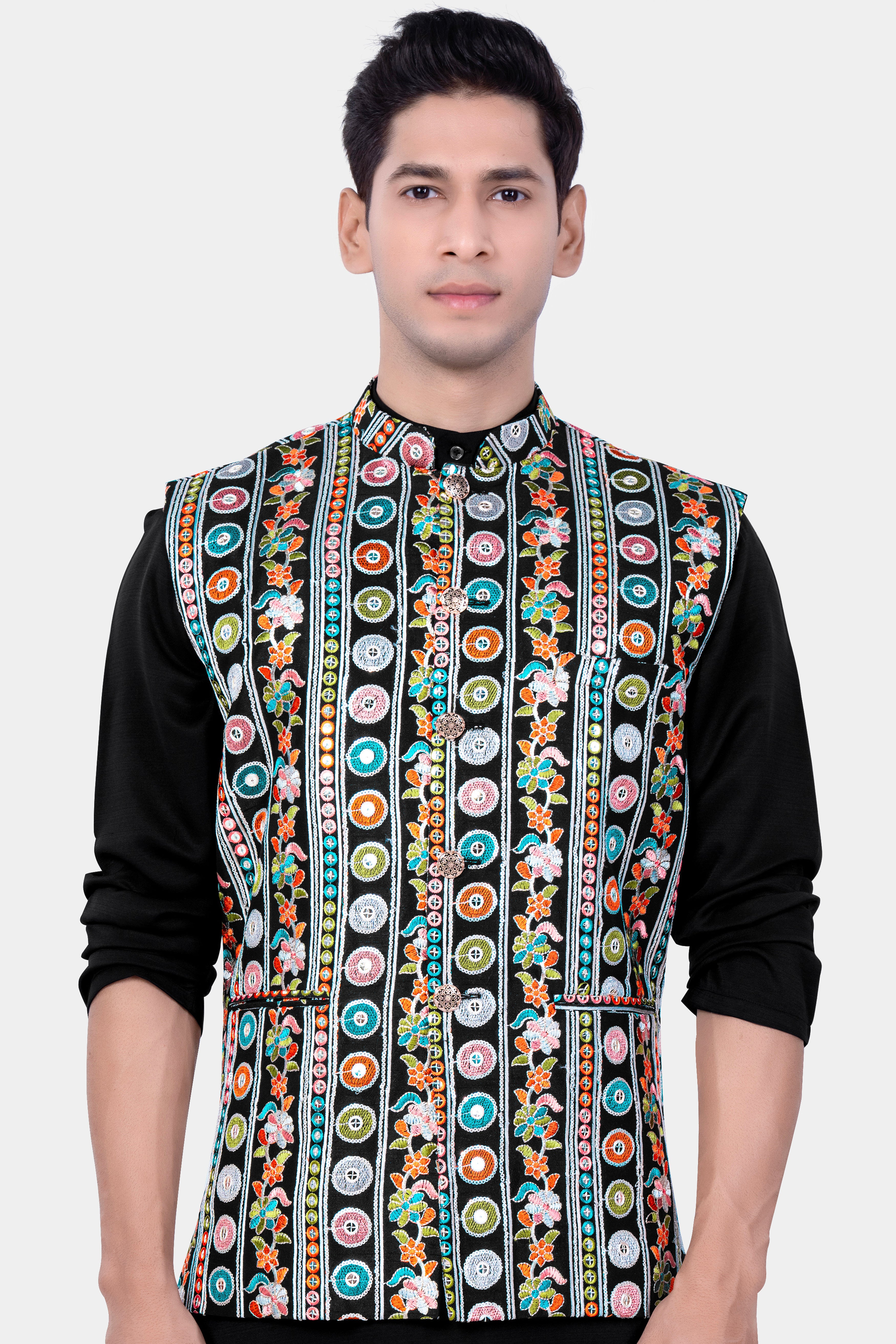 Jade Black And Rose Pink Multicolour Thread Embroidered Nehru Jacket