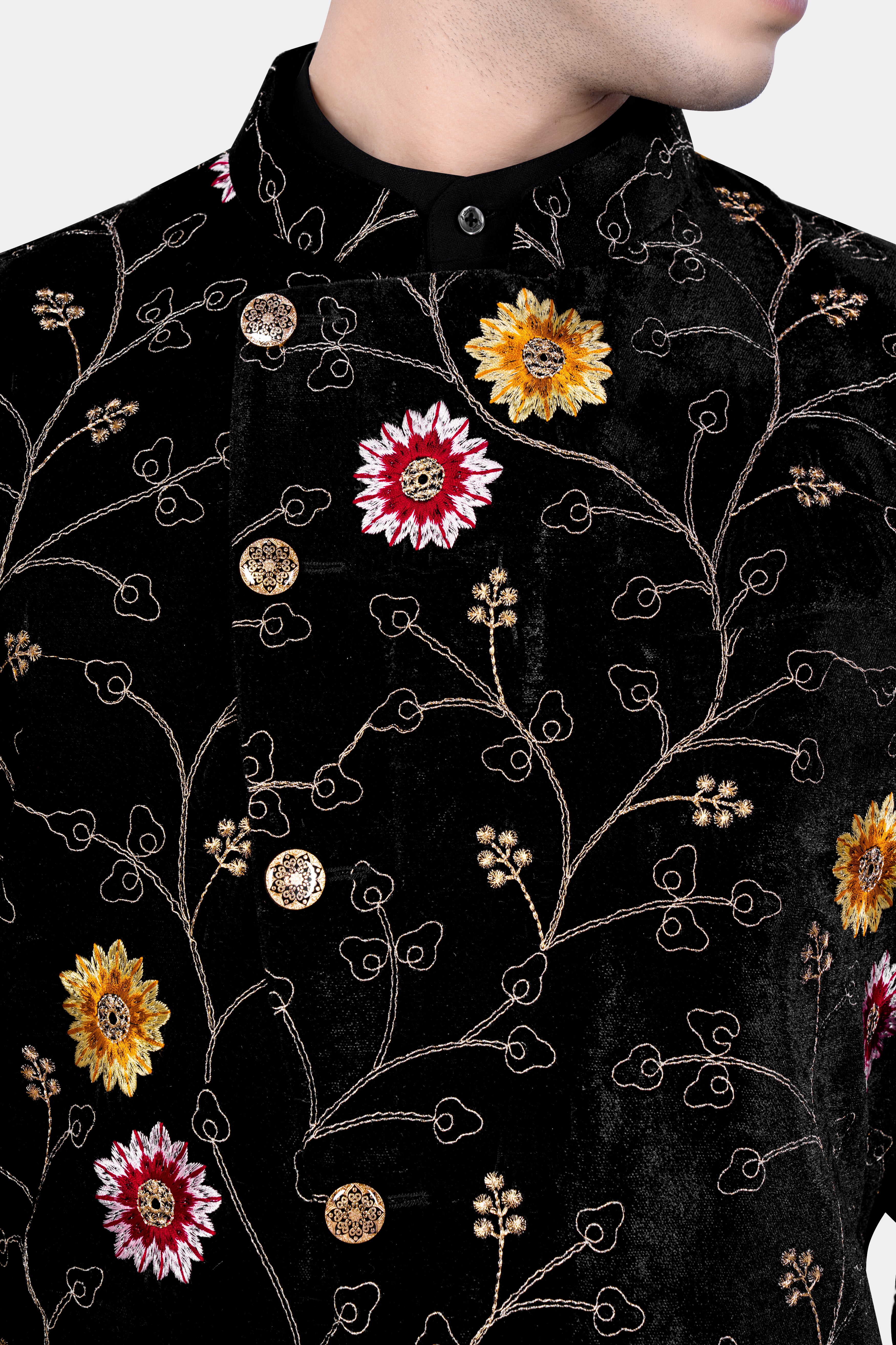 Jade Black And Sangria Red Floral Thread Embroidered Nehru Jacket