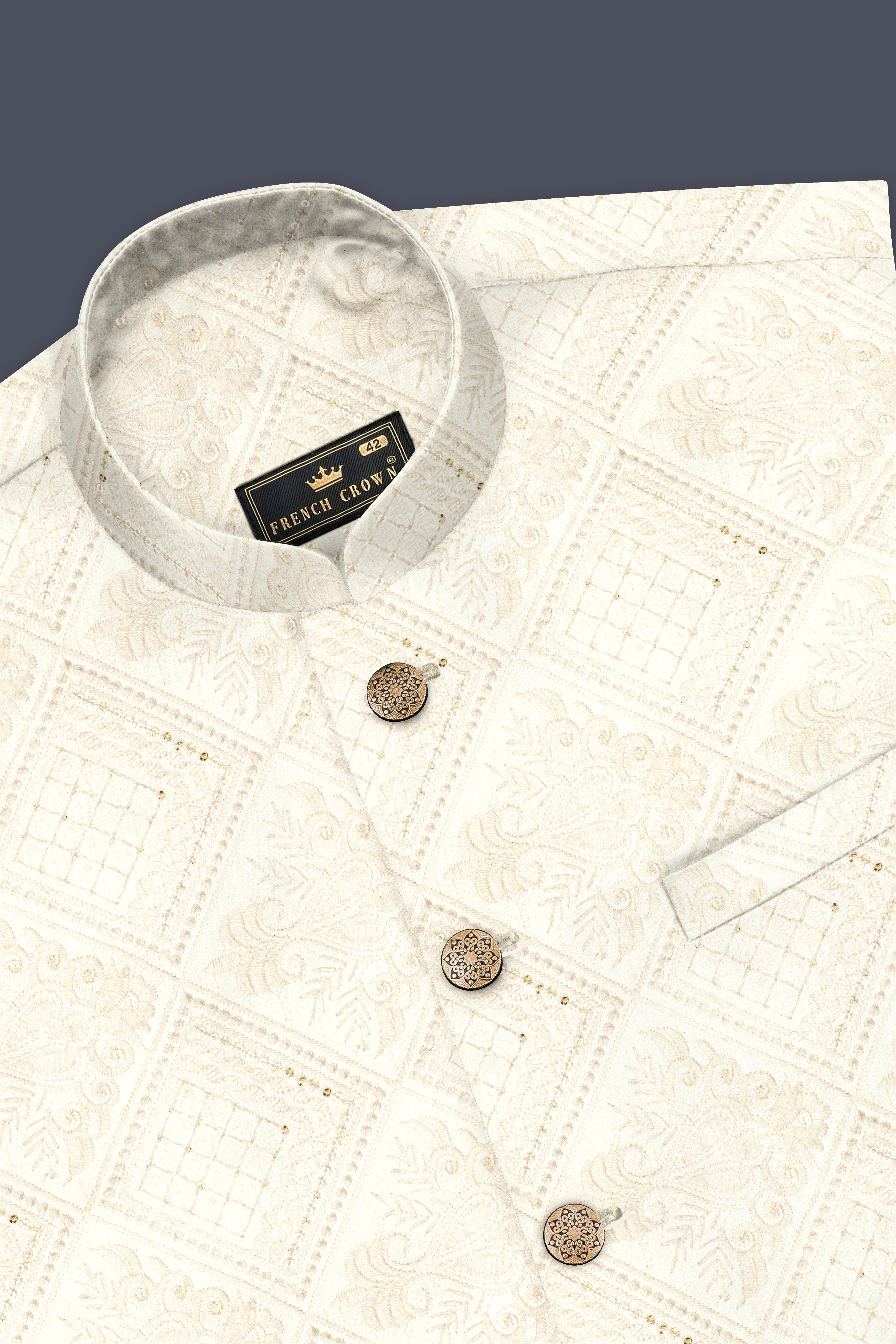 Eggshell Cream Trellis Sequin And Thread Embroidered Nehru Jacket