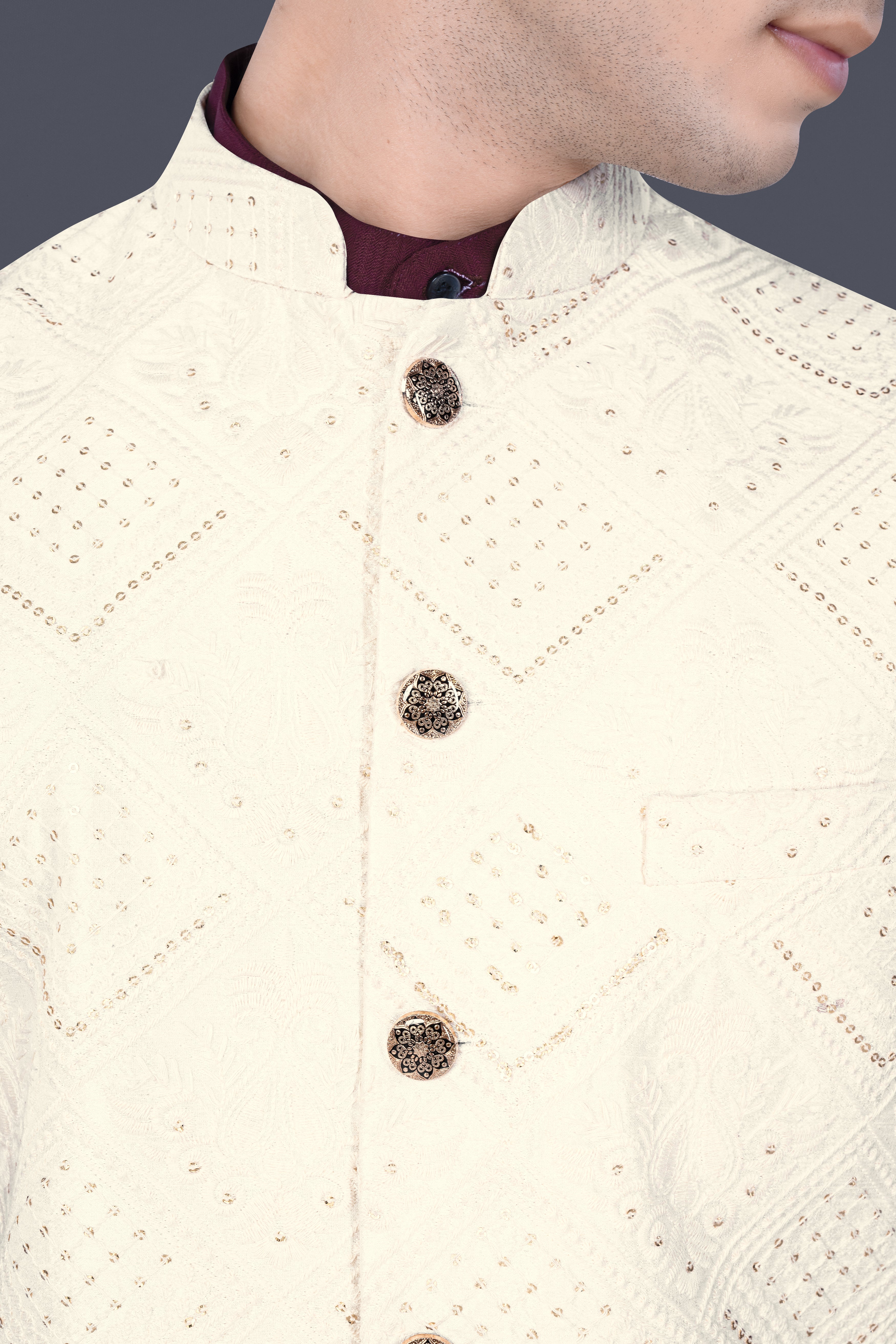 Eggshell Cream Trellis Sequin And Thread Embroidered Nehru Jacket