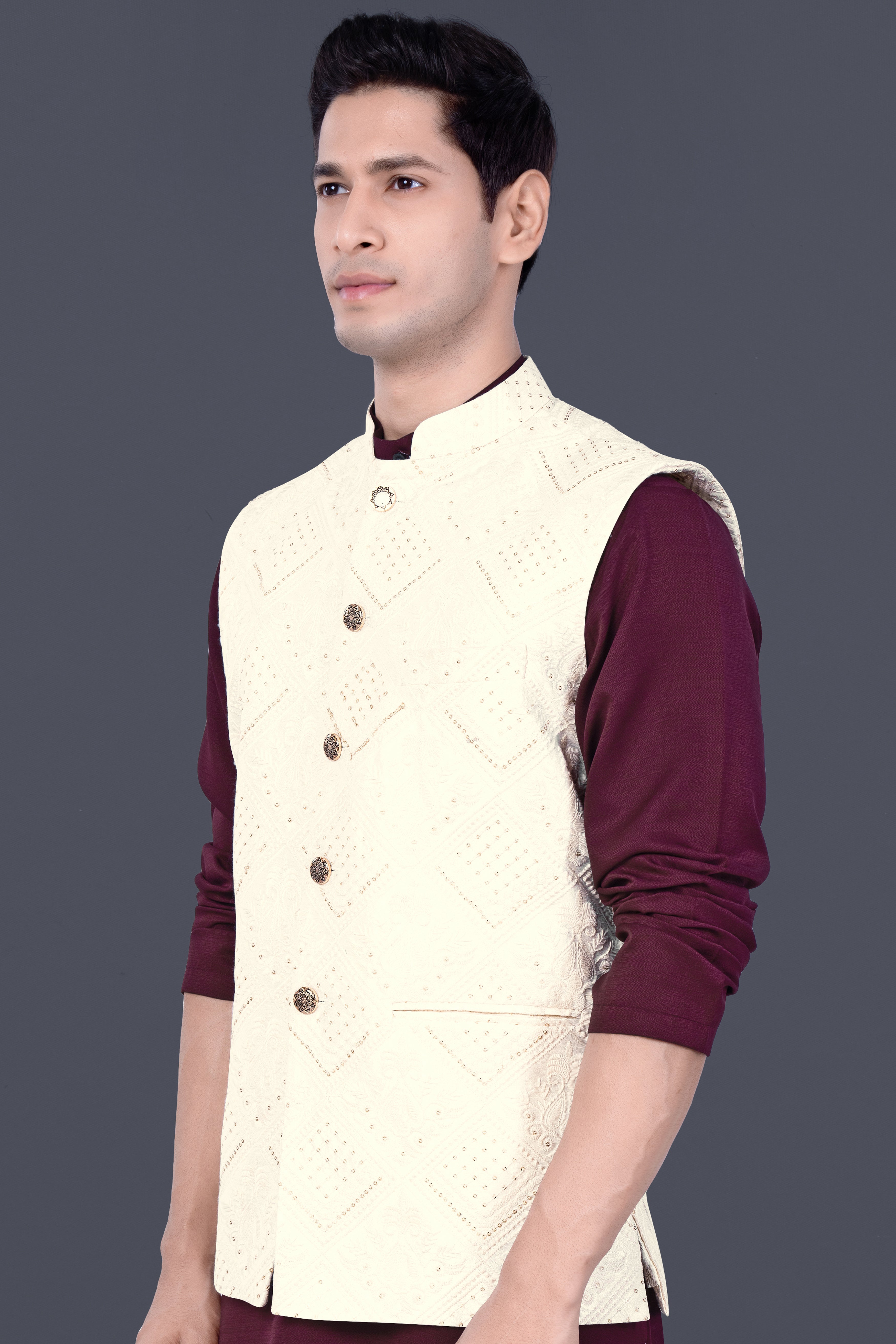 Eggshell Cream Trellis Sequin And Thread Embroidered Nehru Jacket