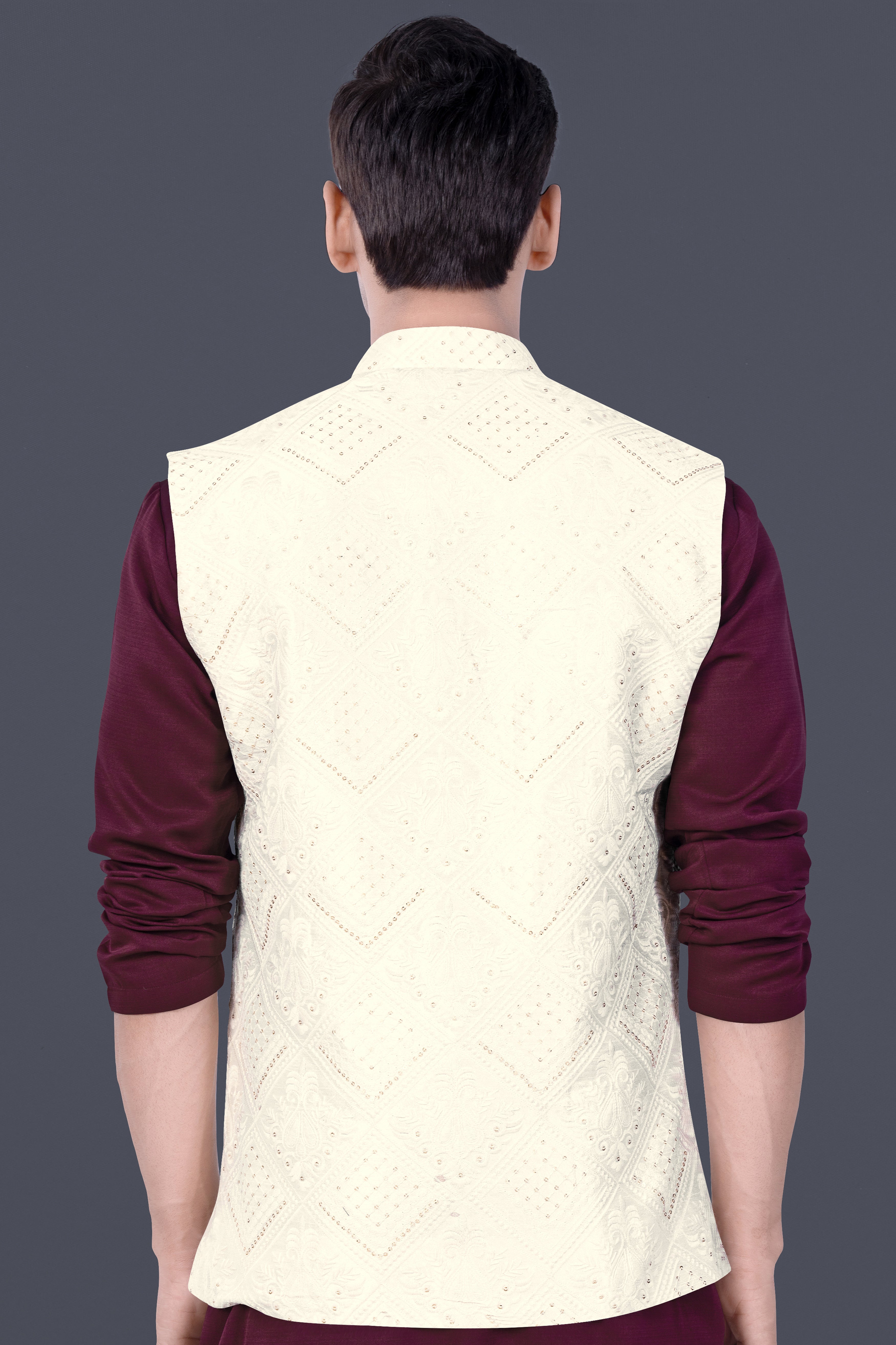 Eggshell Cream Trellis Sequin And Thread Embroidered Nehru Jacket