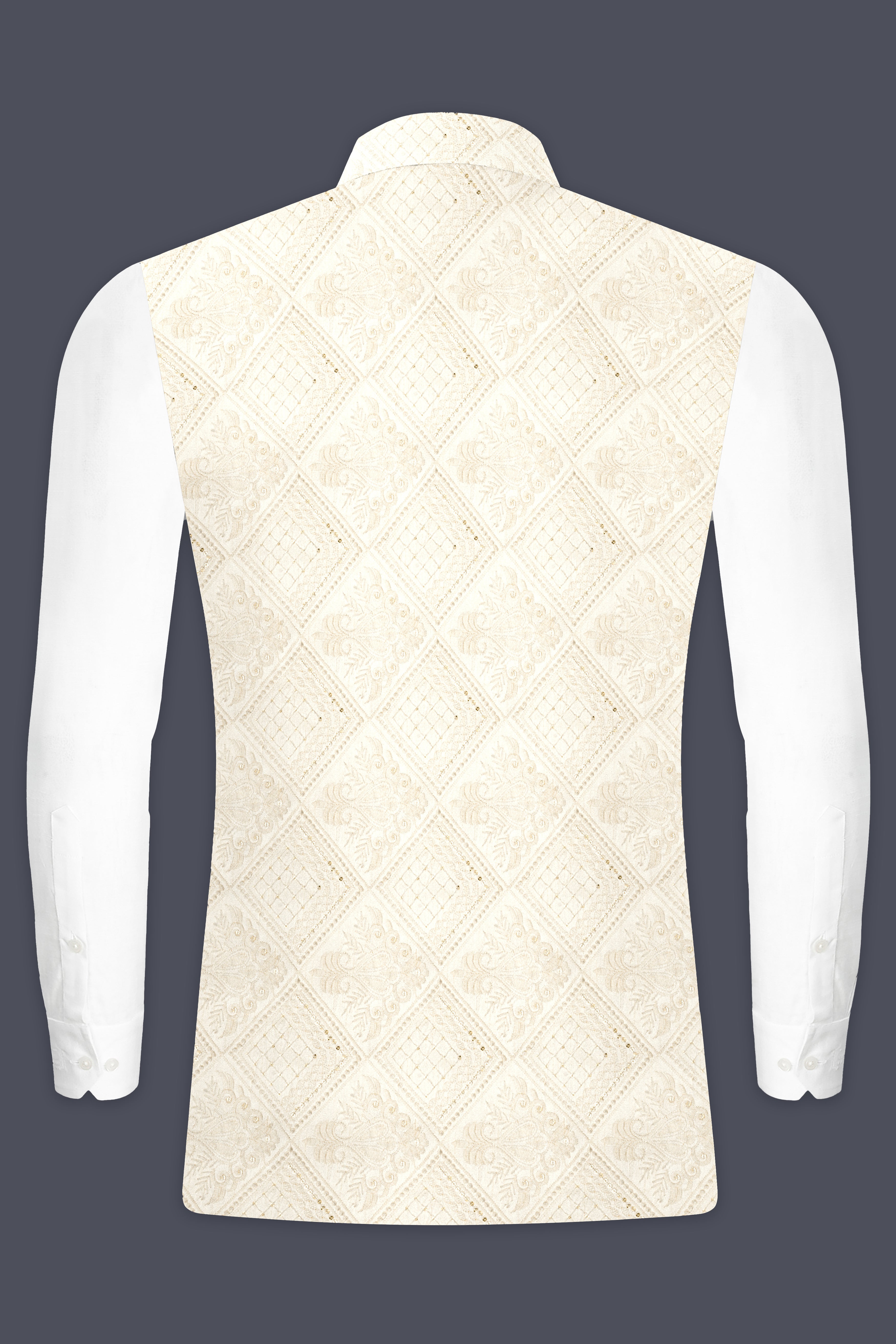 Eggshell Cream Trellis Sequin And Thread Embroidered Nehru Jacket