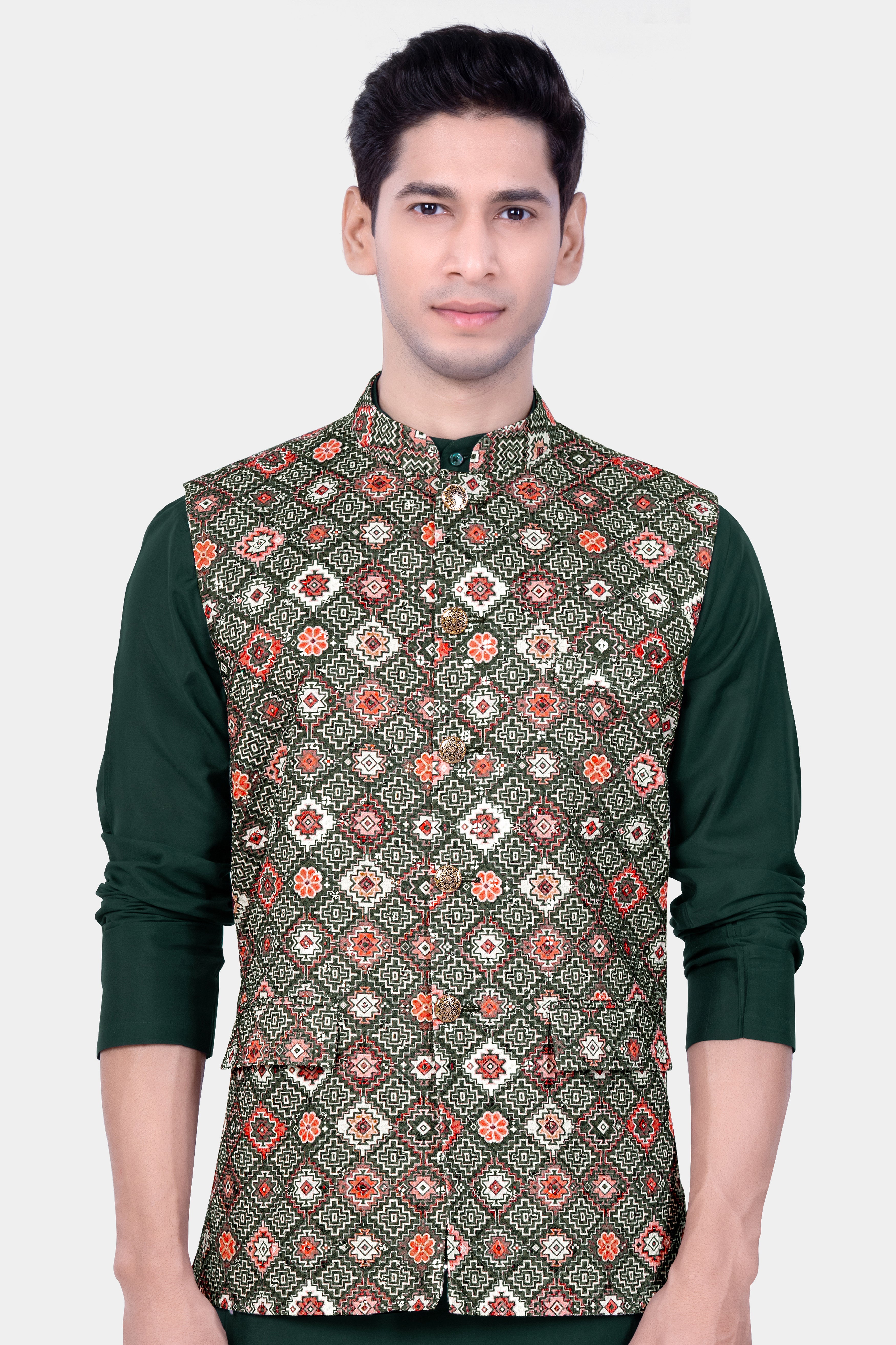 Ironside Green And Rosy Pink Multicolour Thread Embroidered Nehru Jacket