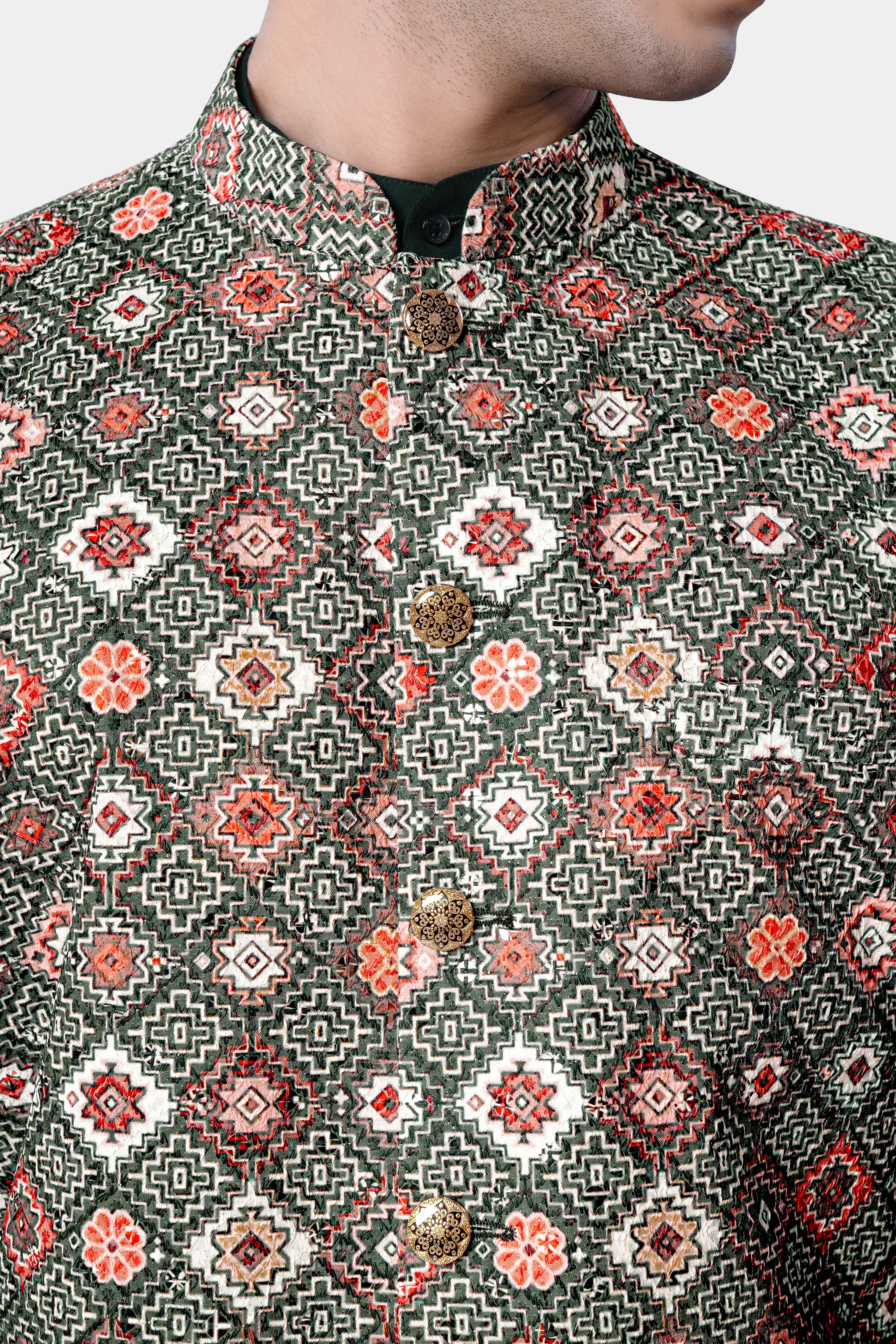 Ironside Green And Rosy Pink Multicolour Thread Embroidered Nehru Jacket