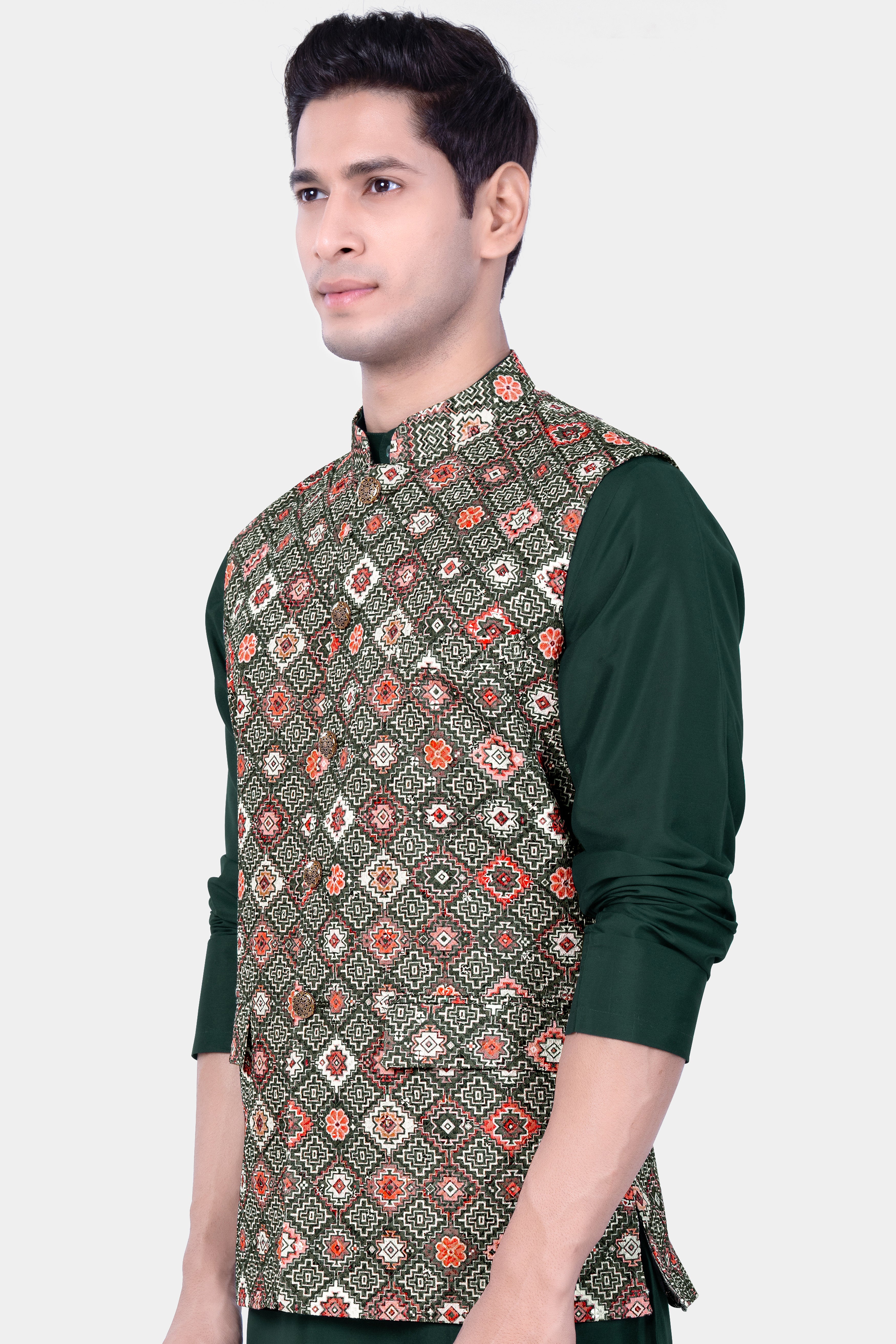 Ironside Green And Rosy Pink Multicolour Thread Embroidered Nehru Jacket