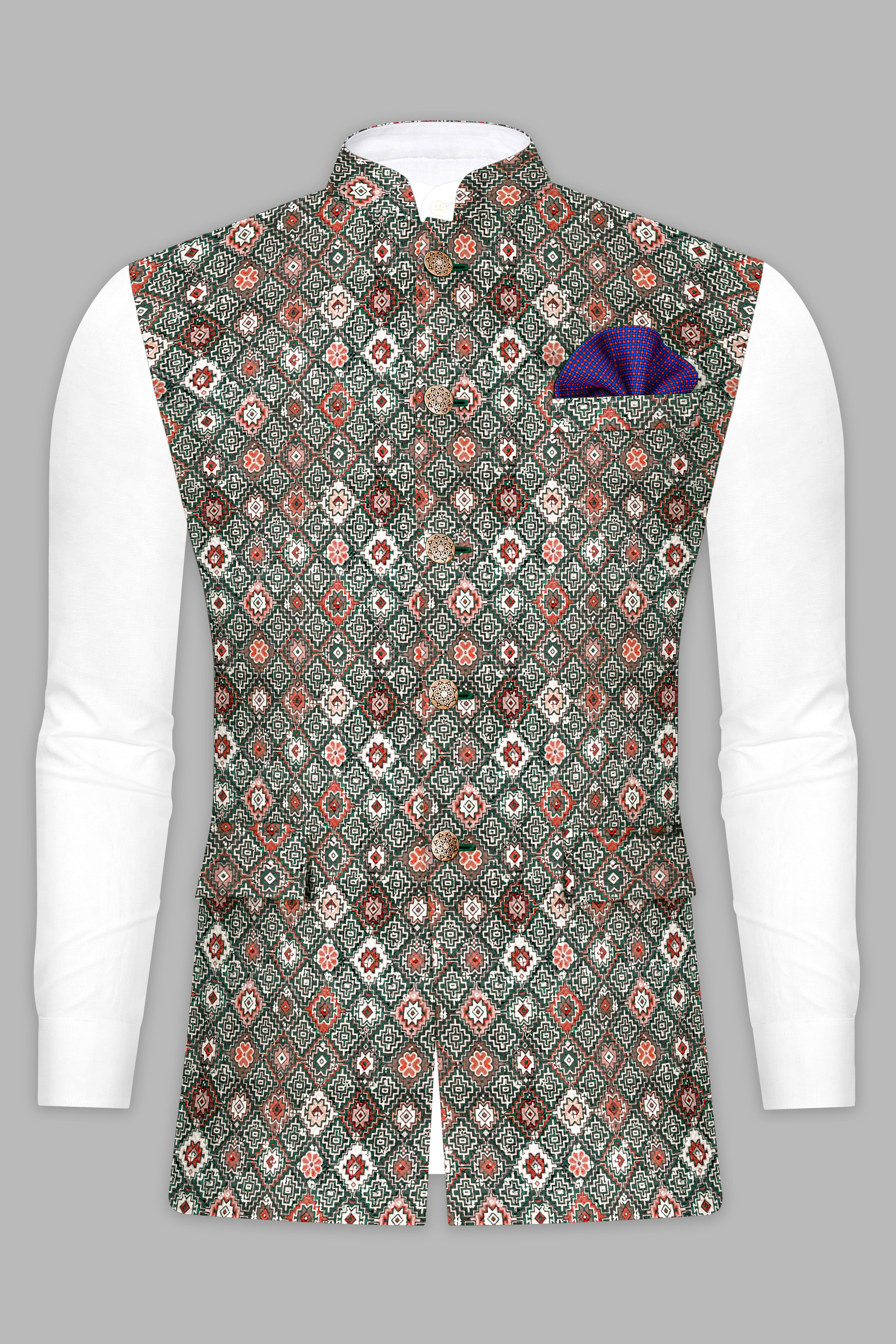 Ironside Green And Rosy Pink Multicolour Thread Embroidered Nehru Jacket