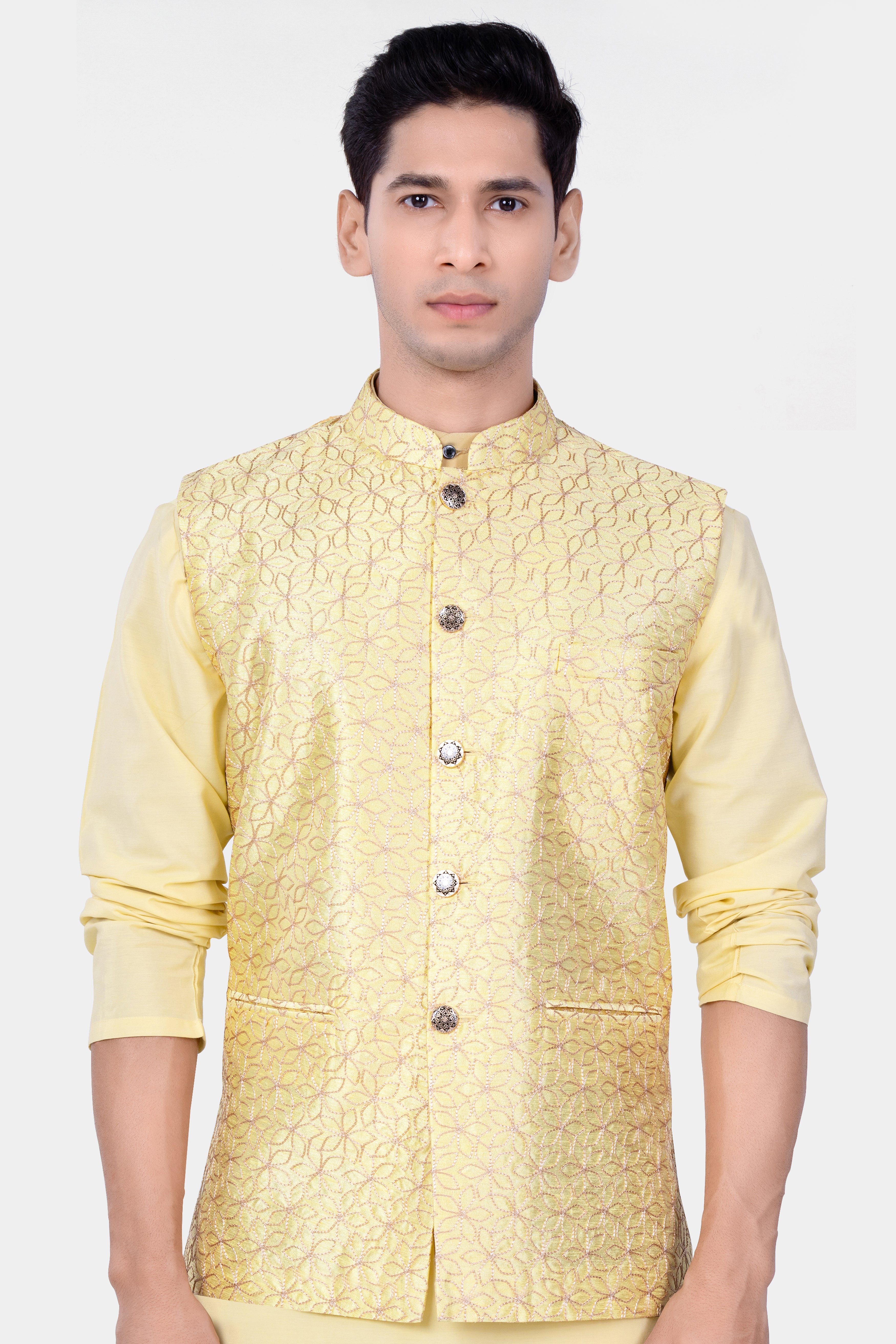 Blond Yellow Flower Embroidered Nehru Jacket