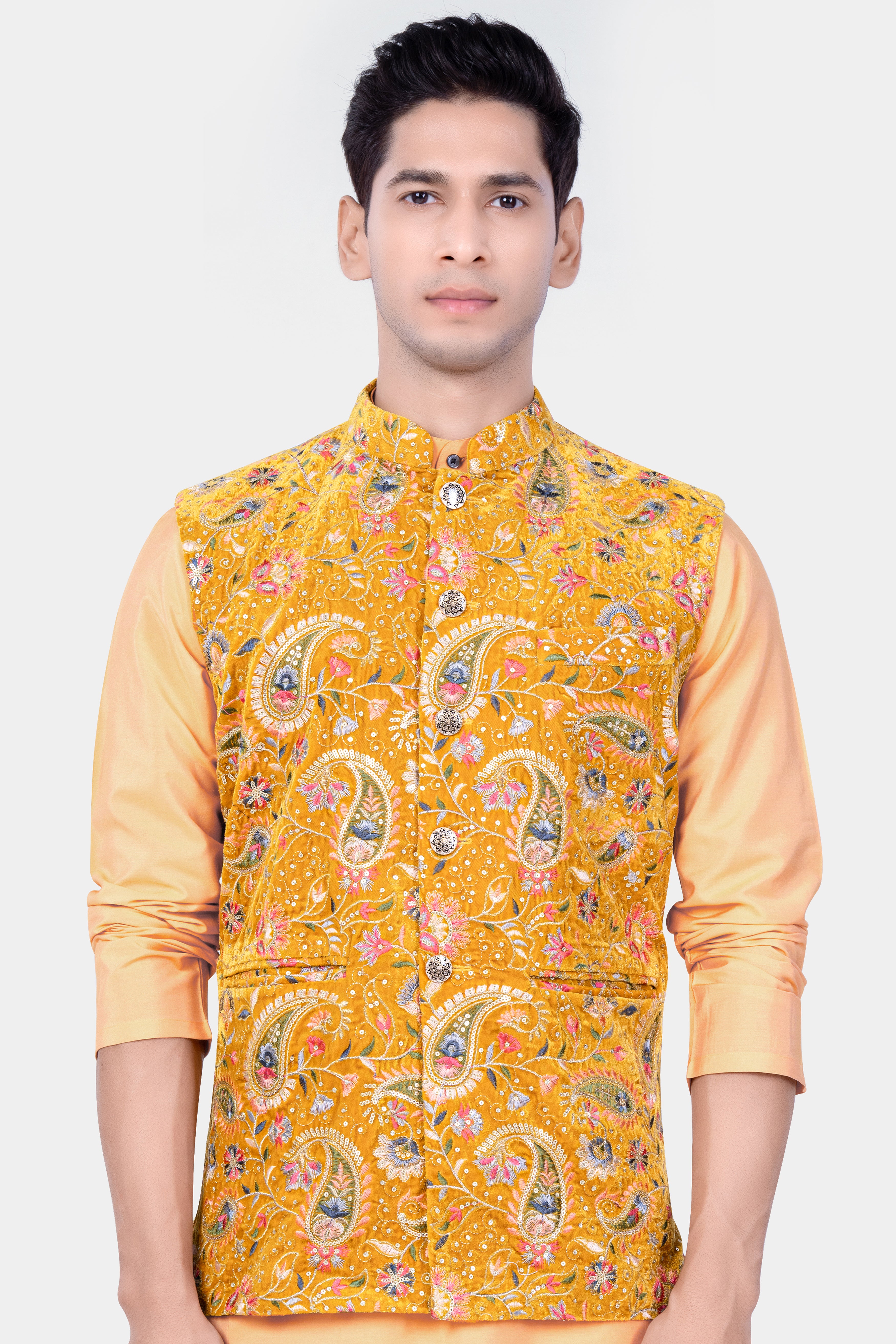 Firebush Yellow Velvet Floral Thread Embroidered Nehru Jacket