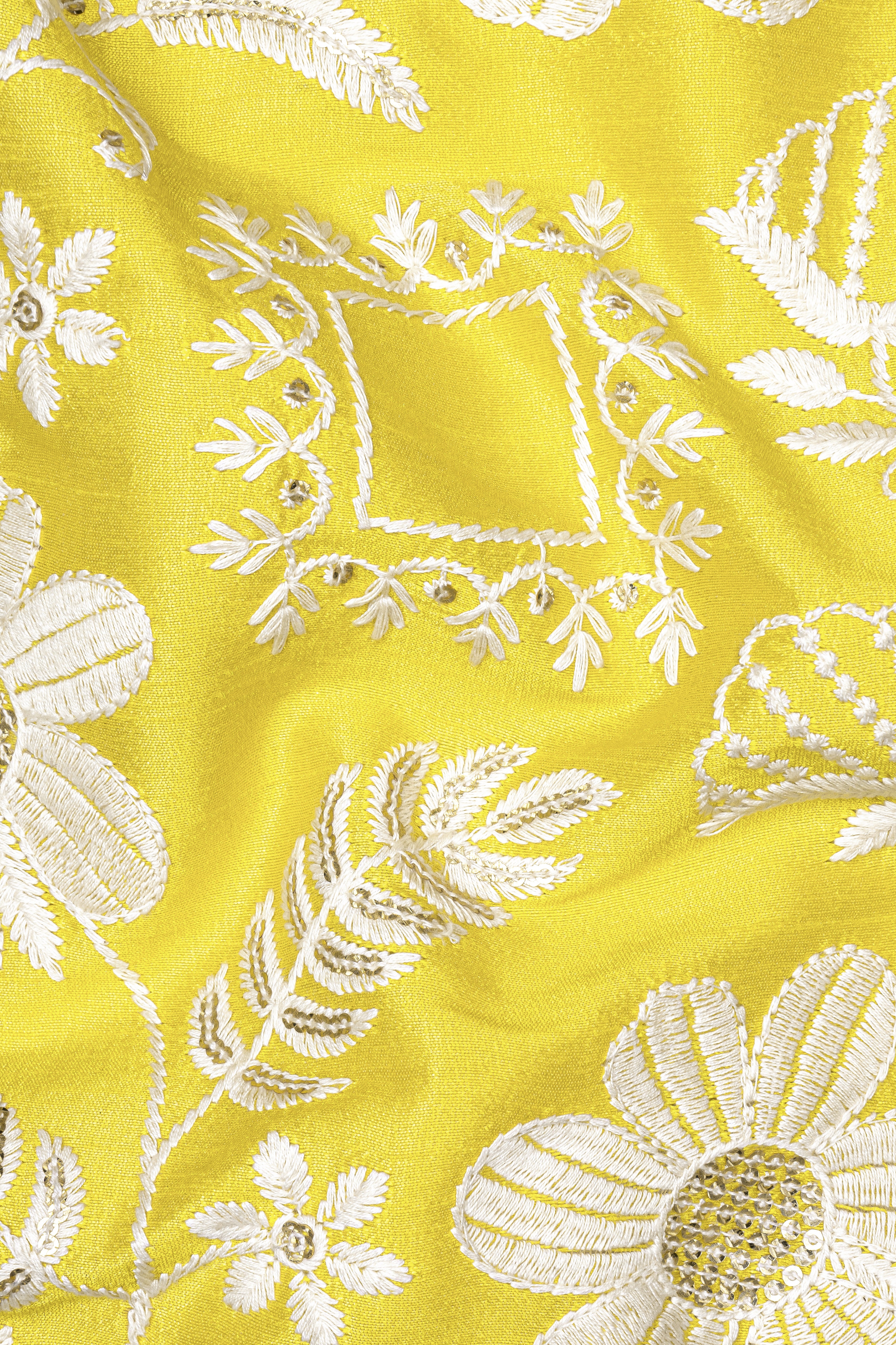 Dandelion Yellow And Bright White Floral Sequin And Thread Embroidered Nehru Jacket