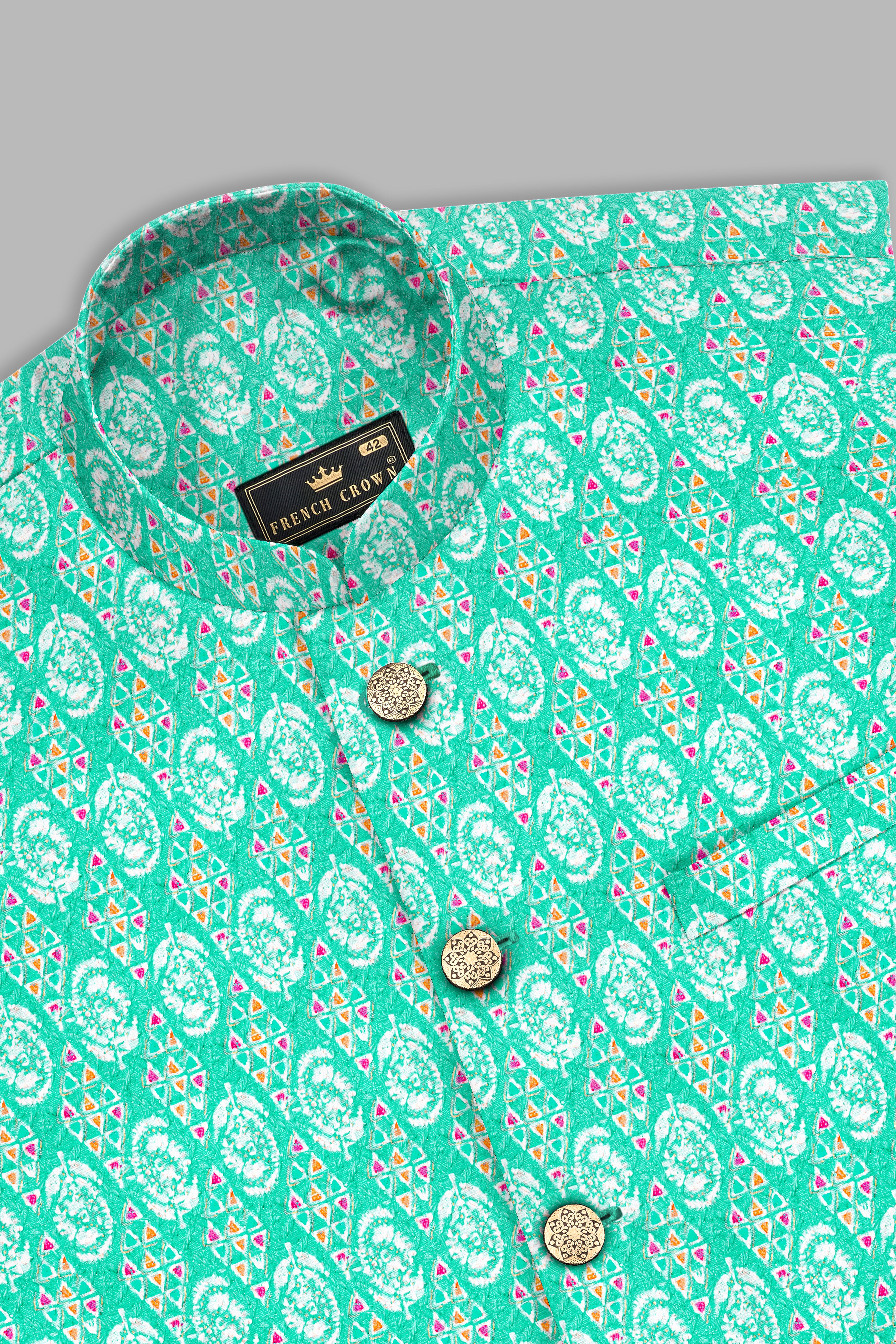 Caribbean Blue And Brilliant Rose Pink Designer Thread Embroidered Nehru Jacket