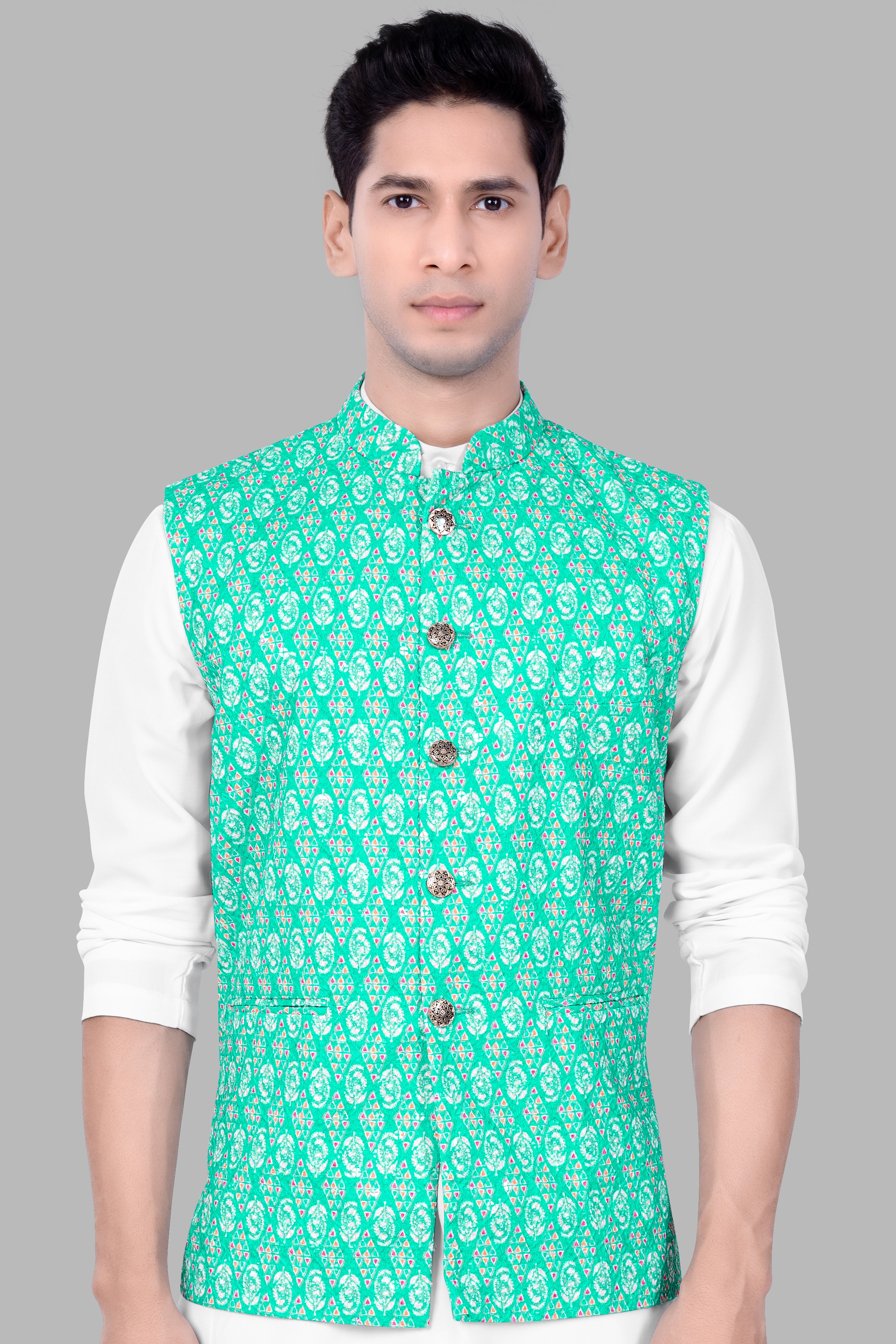 Caribbean Blue And Brilliant Rose Pink Designer Thread Embroidered Nehru Jacket