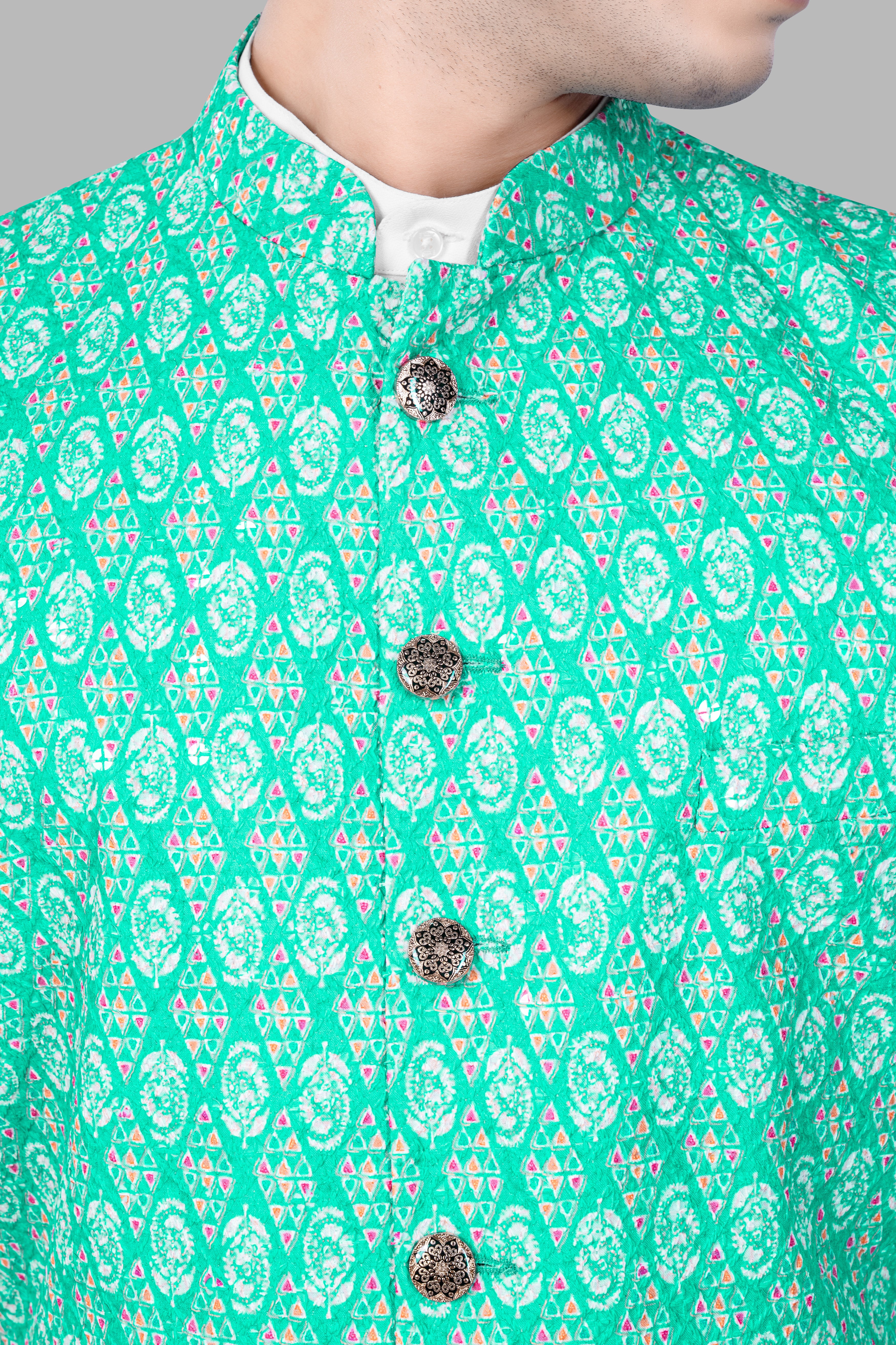 Caribbean Blue And Brilliant Rose Pink Designer Thread Embroidered Nehru Jacket