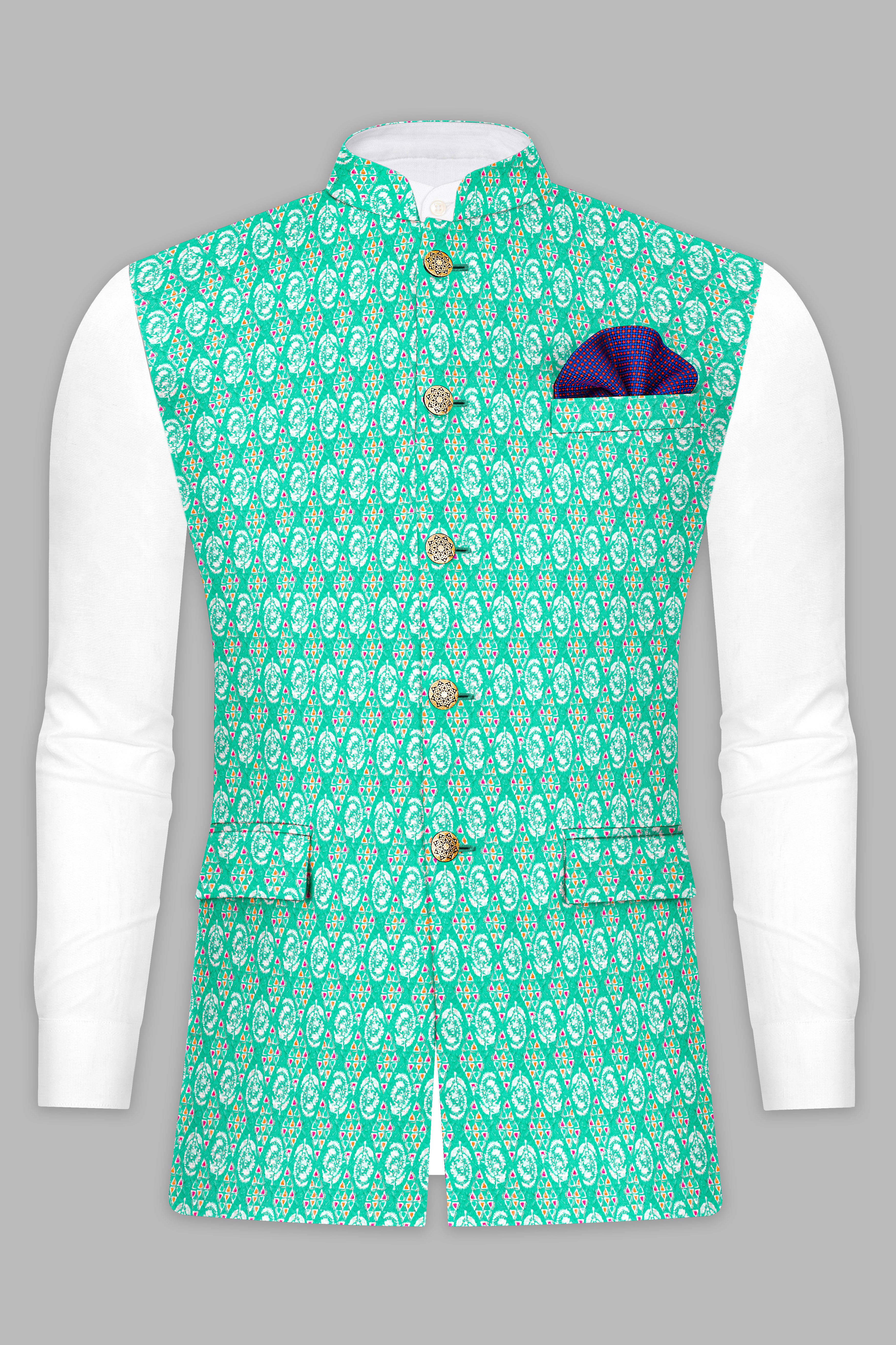 Caribbean Blue And Brilliant Rose Pink Designer Thread Embroidered Nehru Jacket