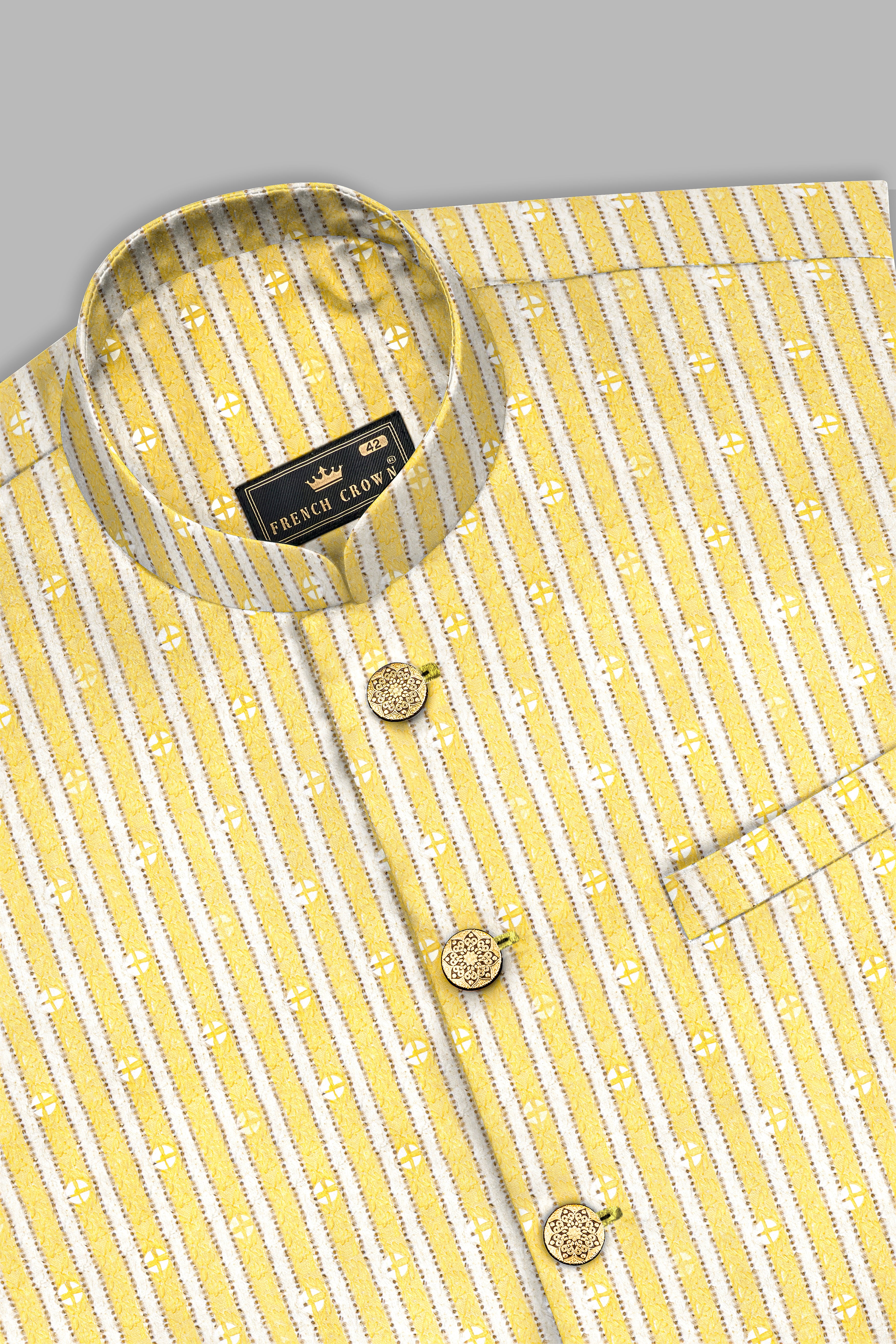 Drover Yellow And Bright White Striped Designer Thread Embroidered Nehru Jacket