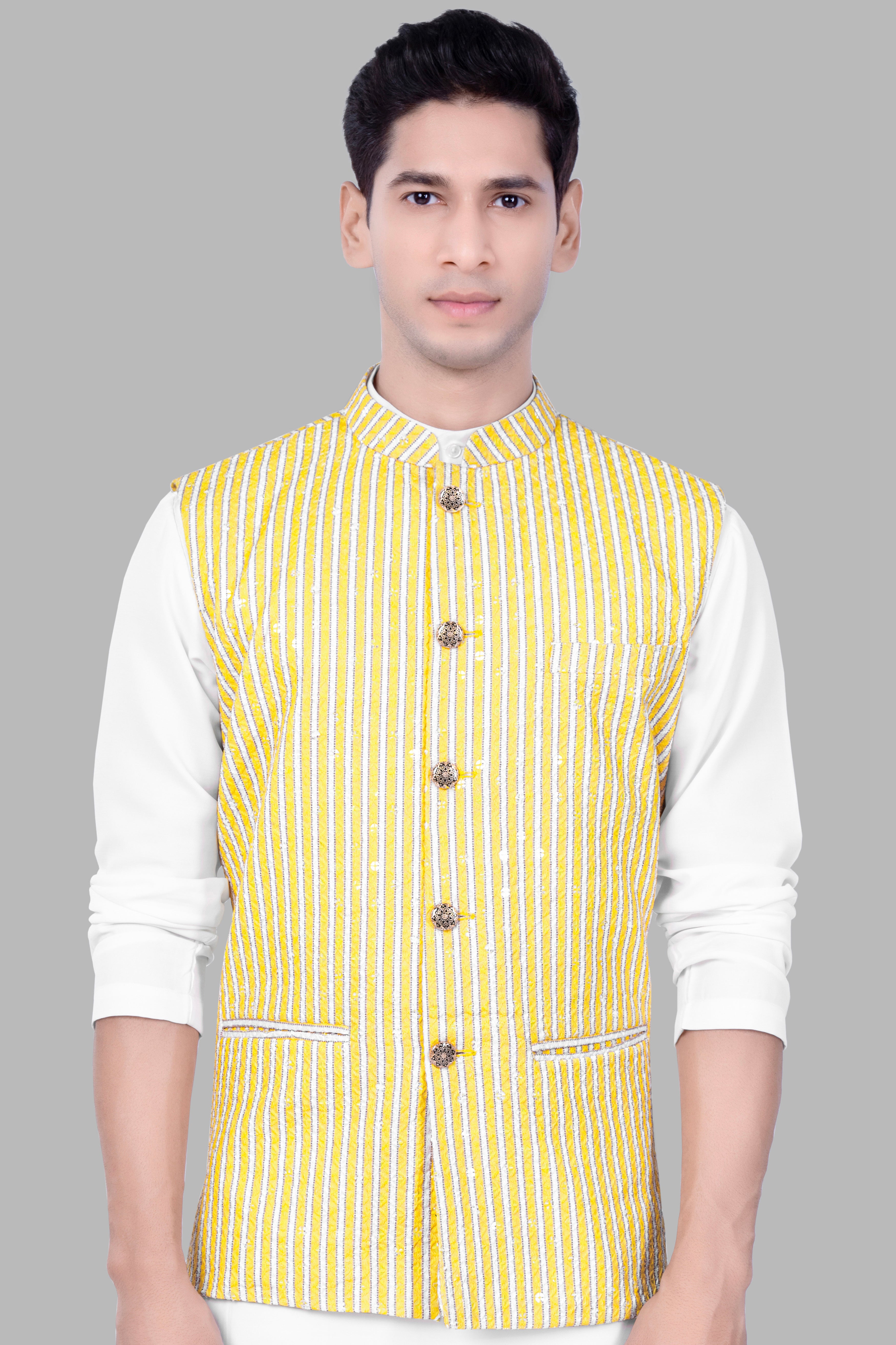 Drover Yellow And Bright White Striped Designer Thread Embroidered Nehru Jacket