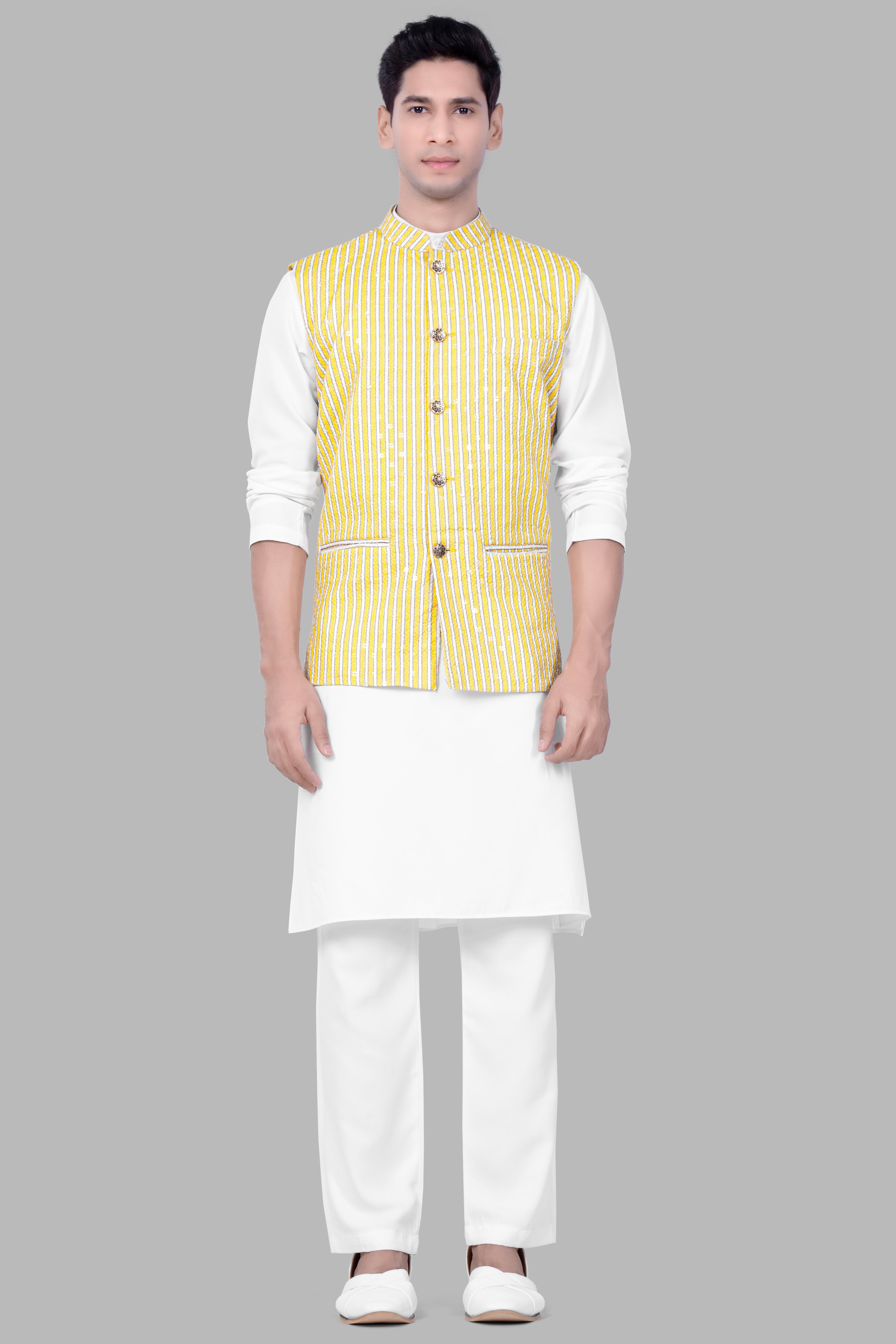 Drover Yellow And Bright White Striped Designer Thread Embroidered Nehru Jacket