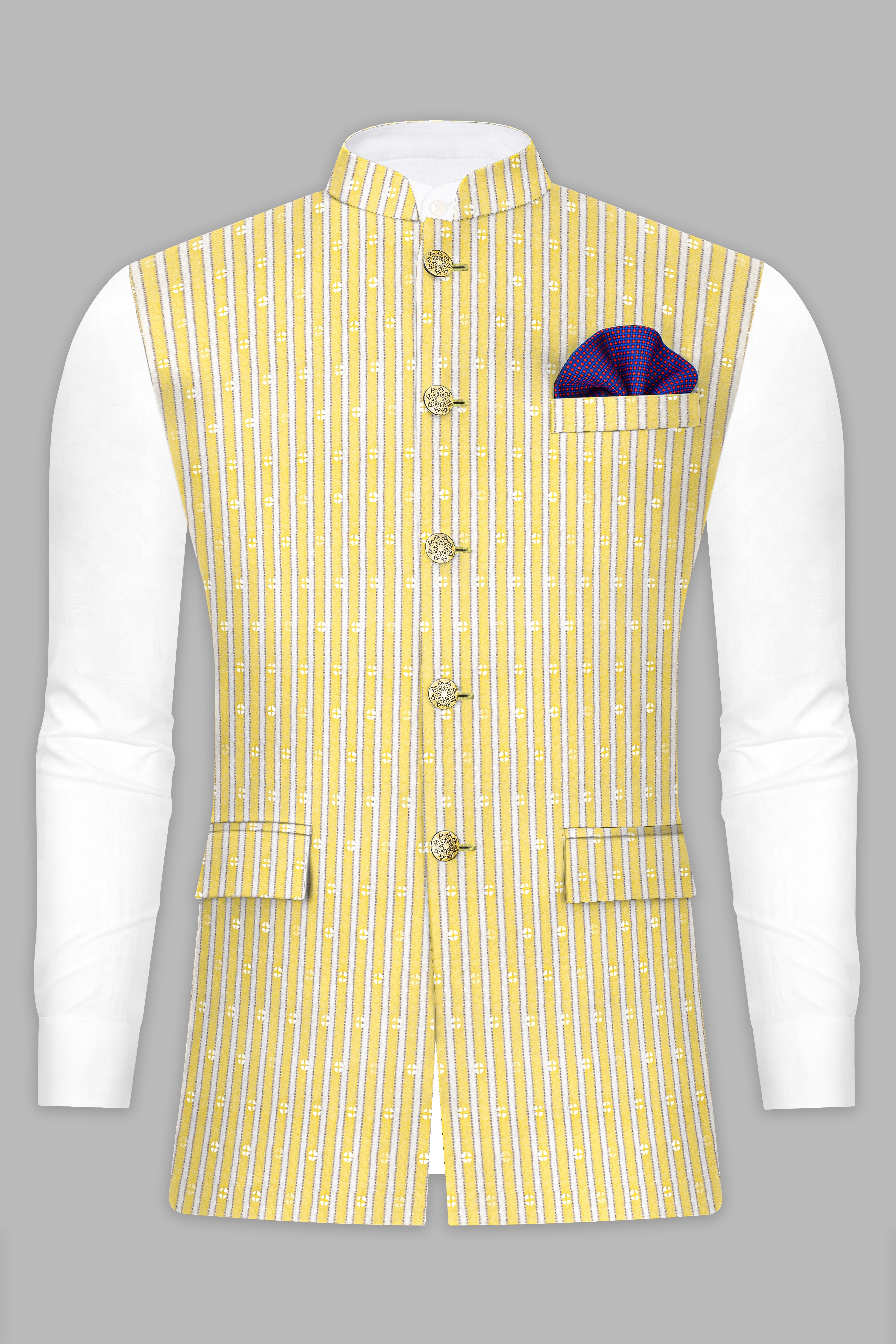 Drover Yellow And Bright White Striped Designer Thread Embroidered Nehru Jacket