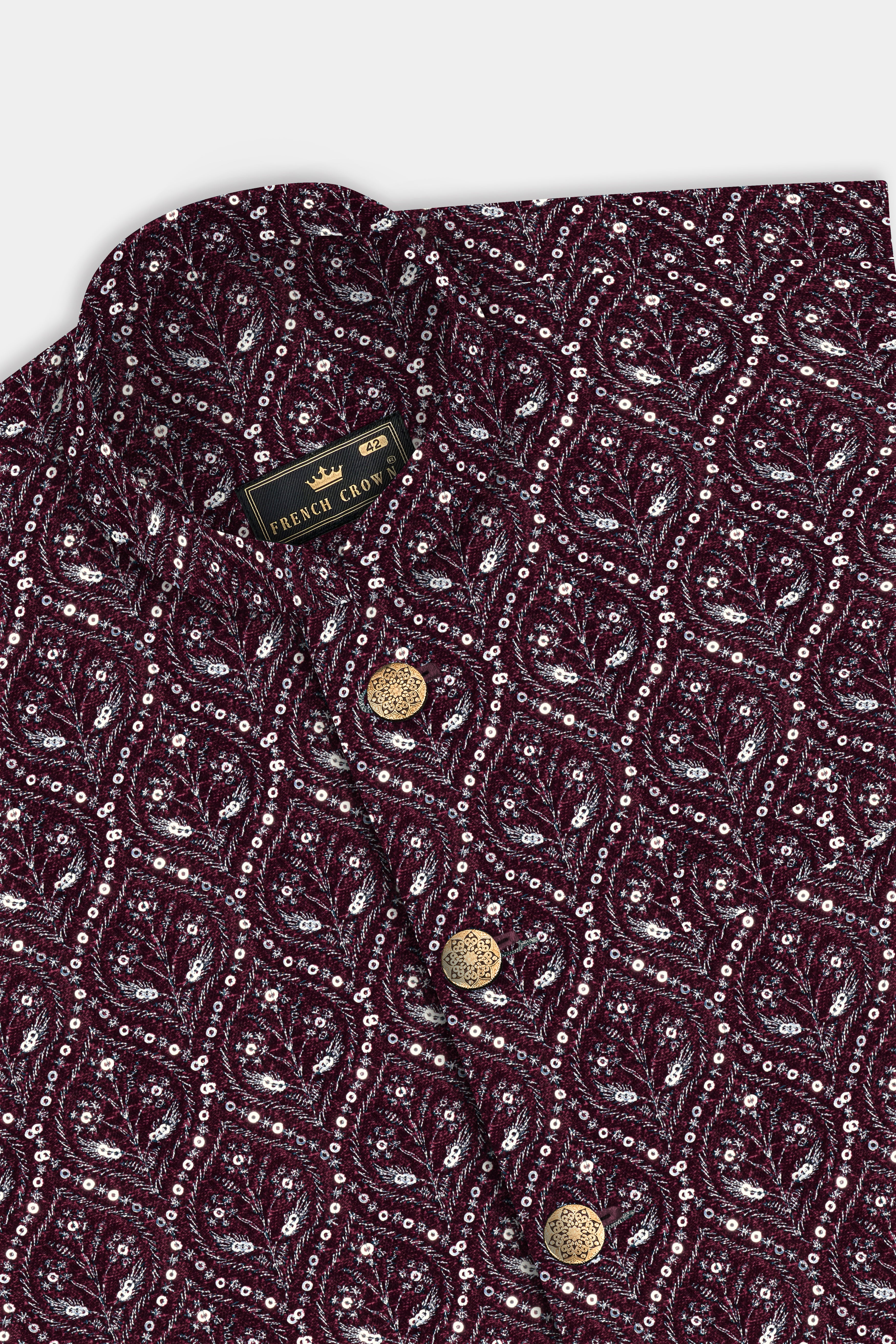 Aubergine Maroon With Sequins And Thread Embroidered Nehru Jacket