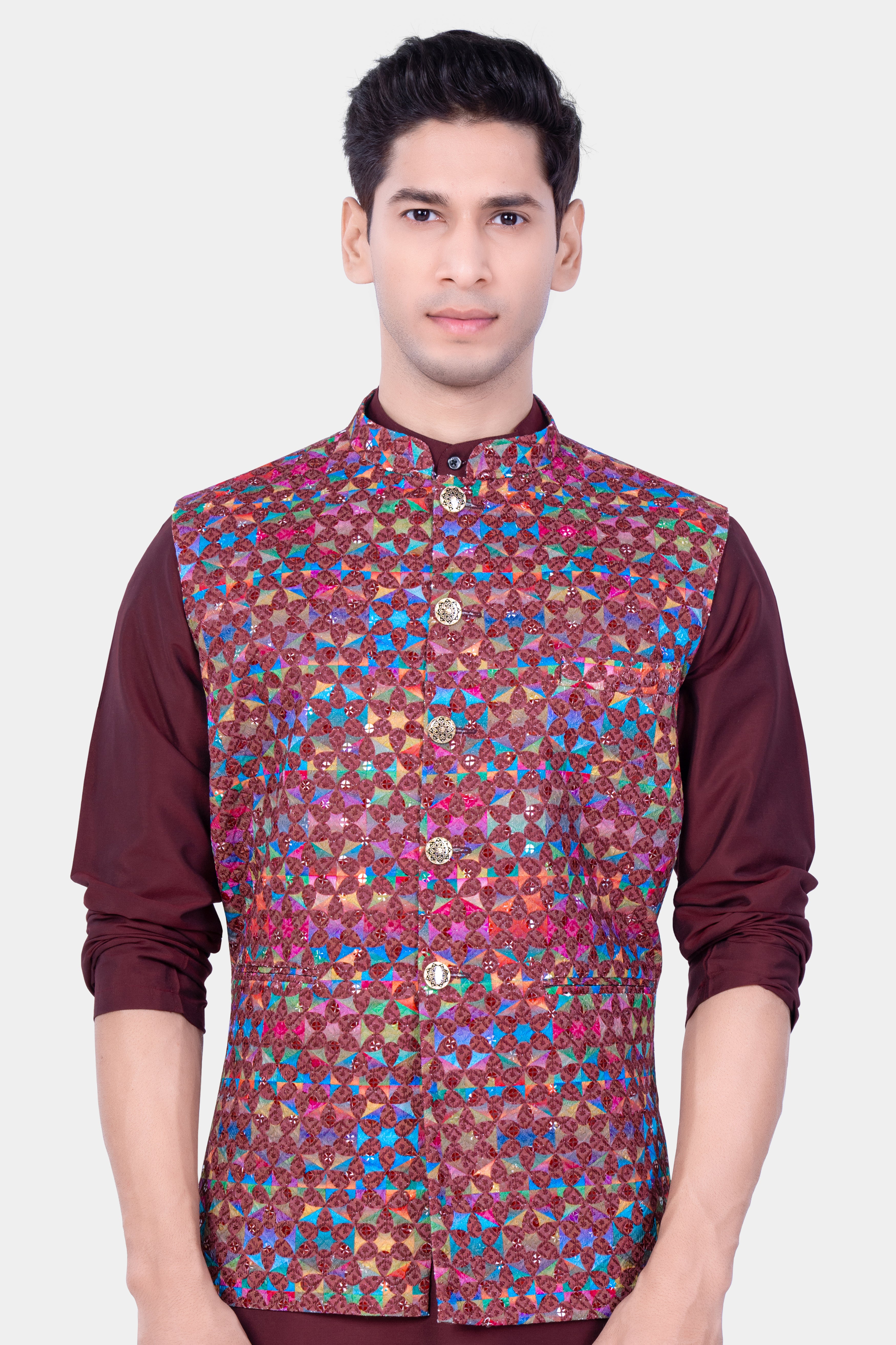 Cordovan Brown And Trendy Purple Multicolour Embroidered Nehru Jacket