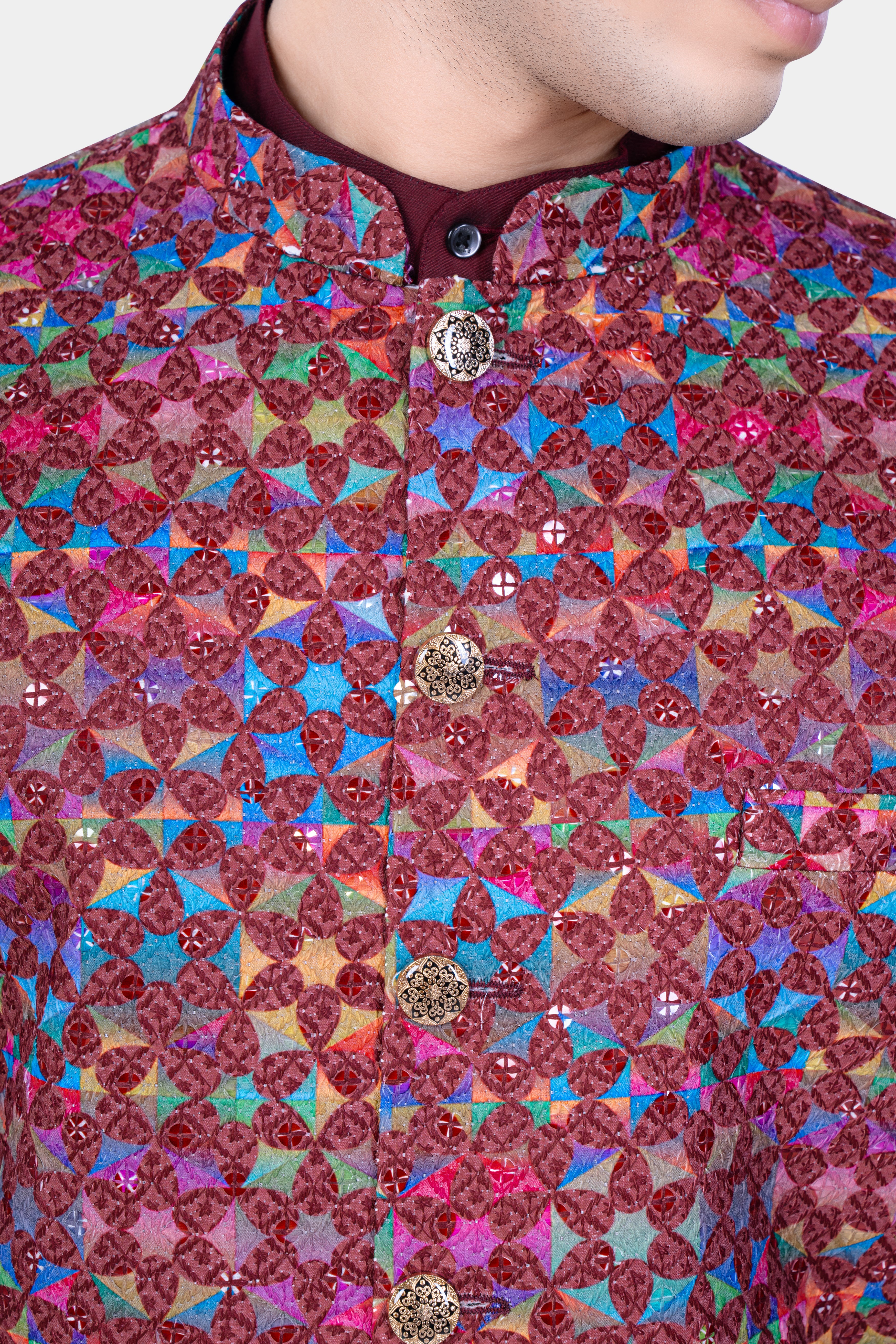 Cordovan Brown And Trendy Purple Multicolour Embroidered Nehru Jacket