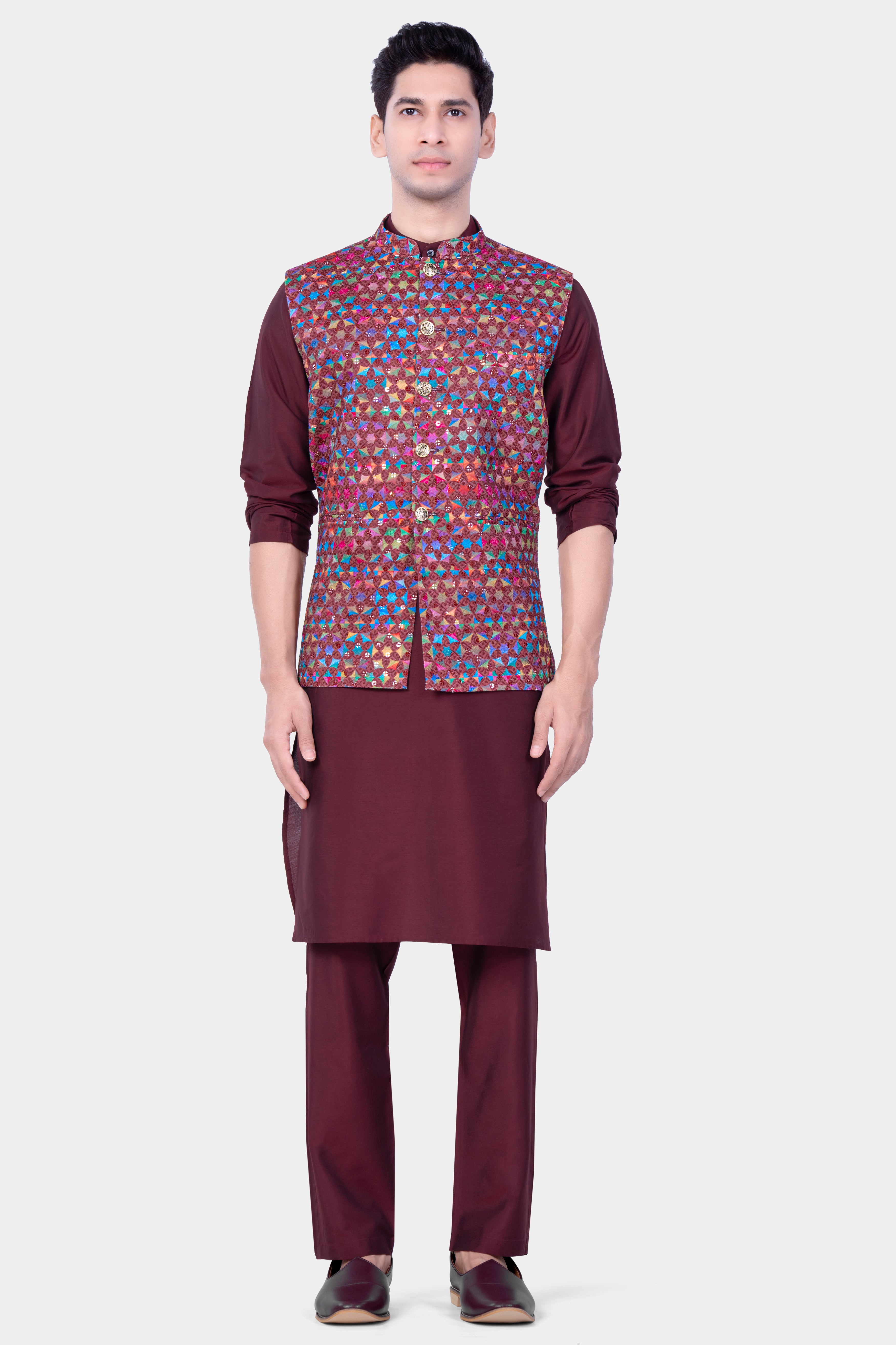 Cordovan Brown And Trendy Purple Multicolour Embroidered Nehru Jacket