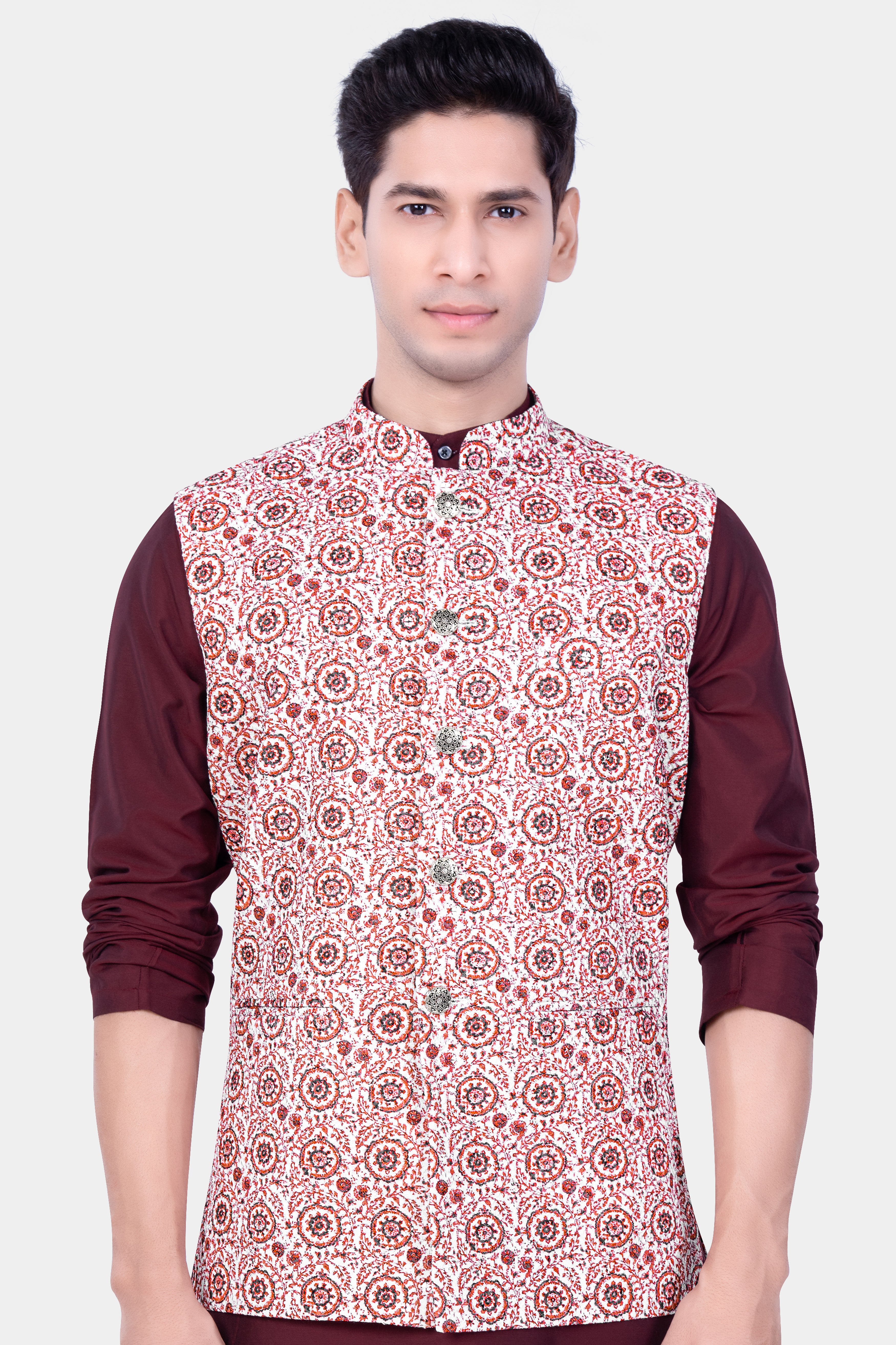 Copper Rust Brown And Bright White Embroidered Nehru Jacket