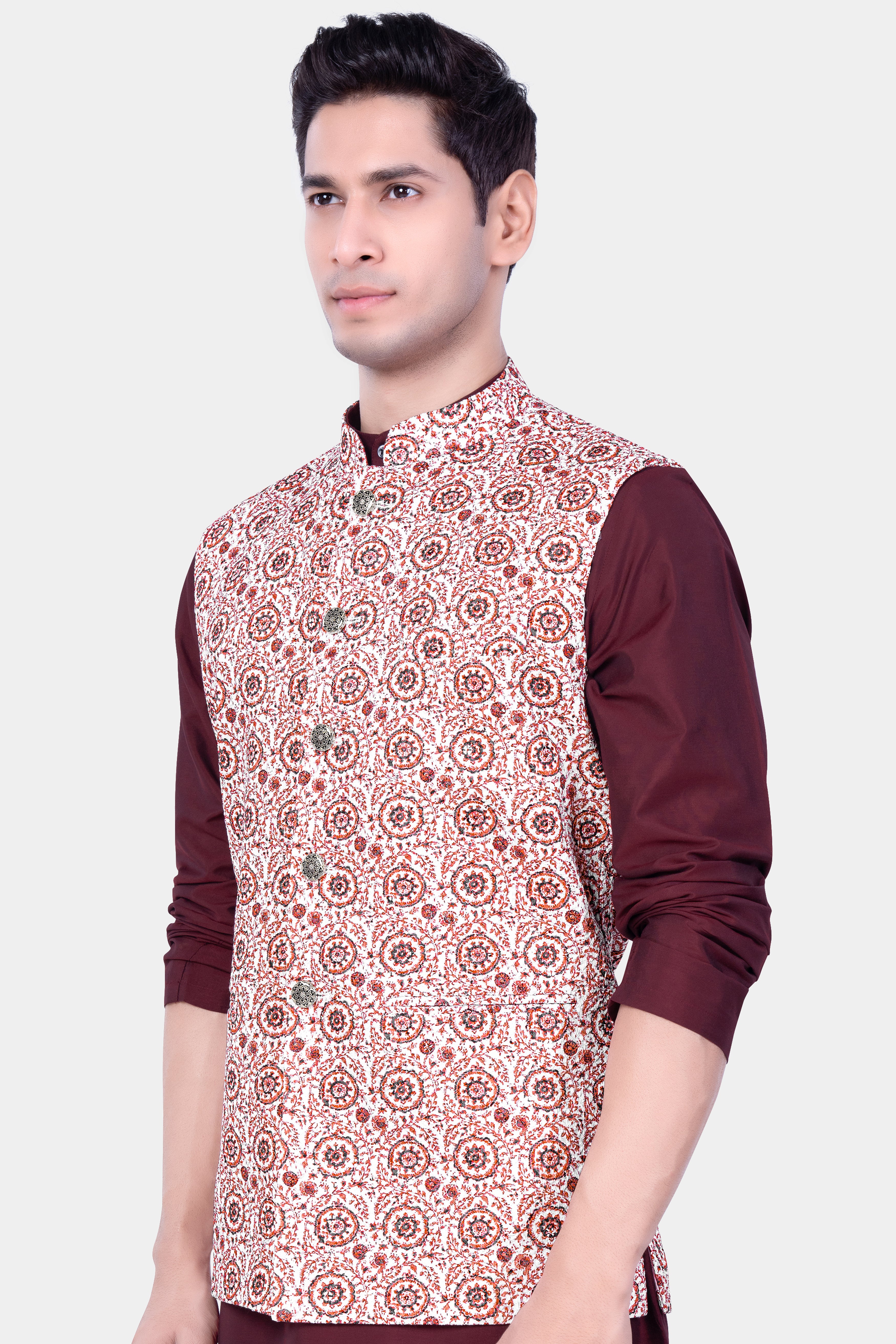 Copper Rust Brown And Bright White Embroidered Nehru Jacket