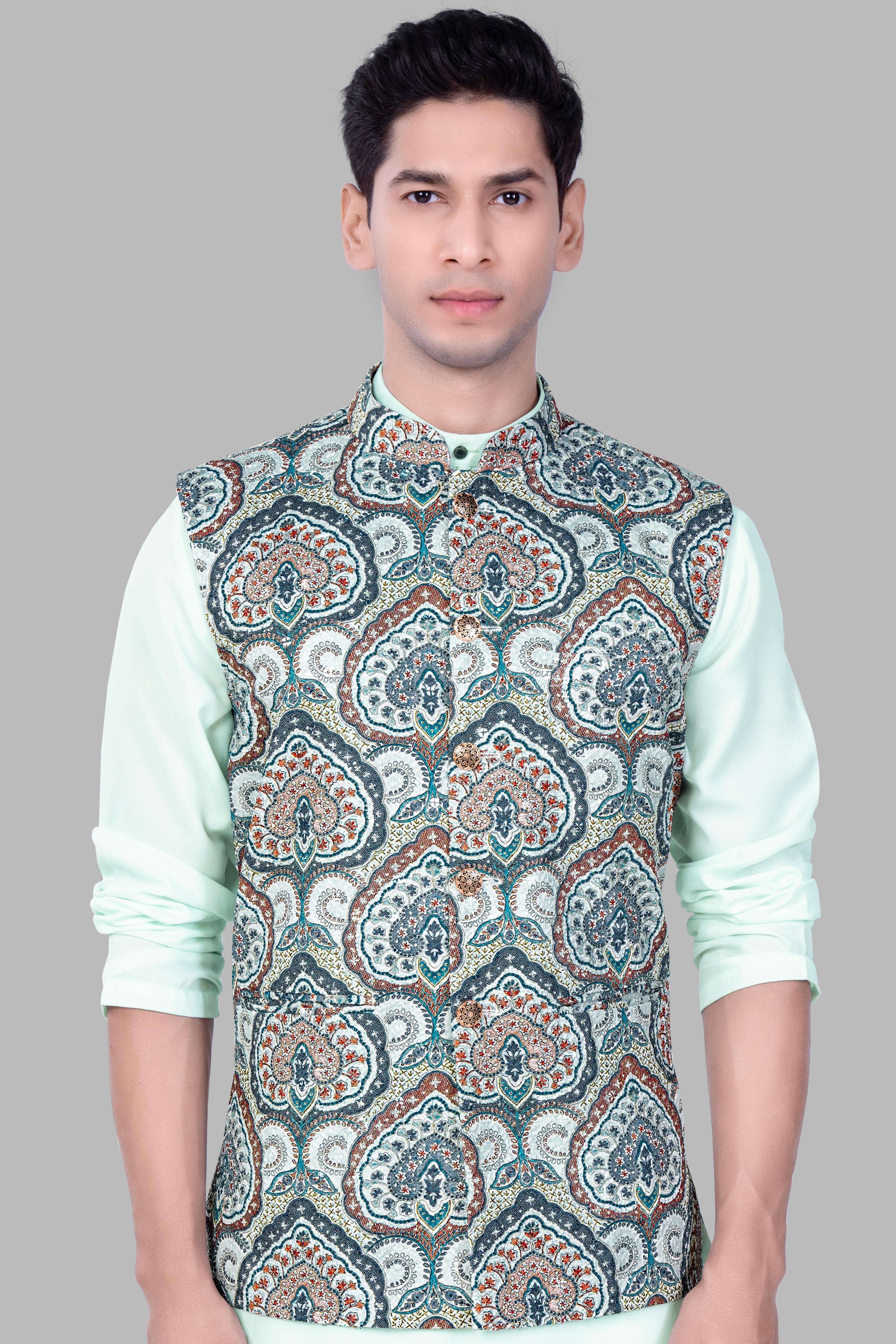 Shiraz Blue And Hippie Red MultiColour Embroidered Nehru Jacket