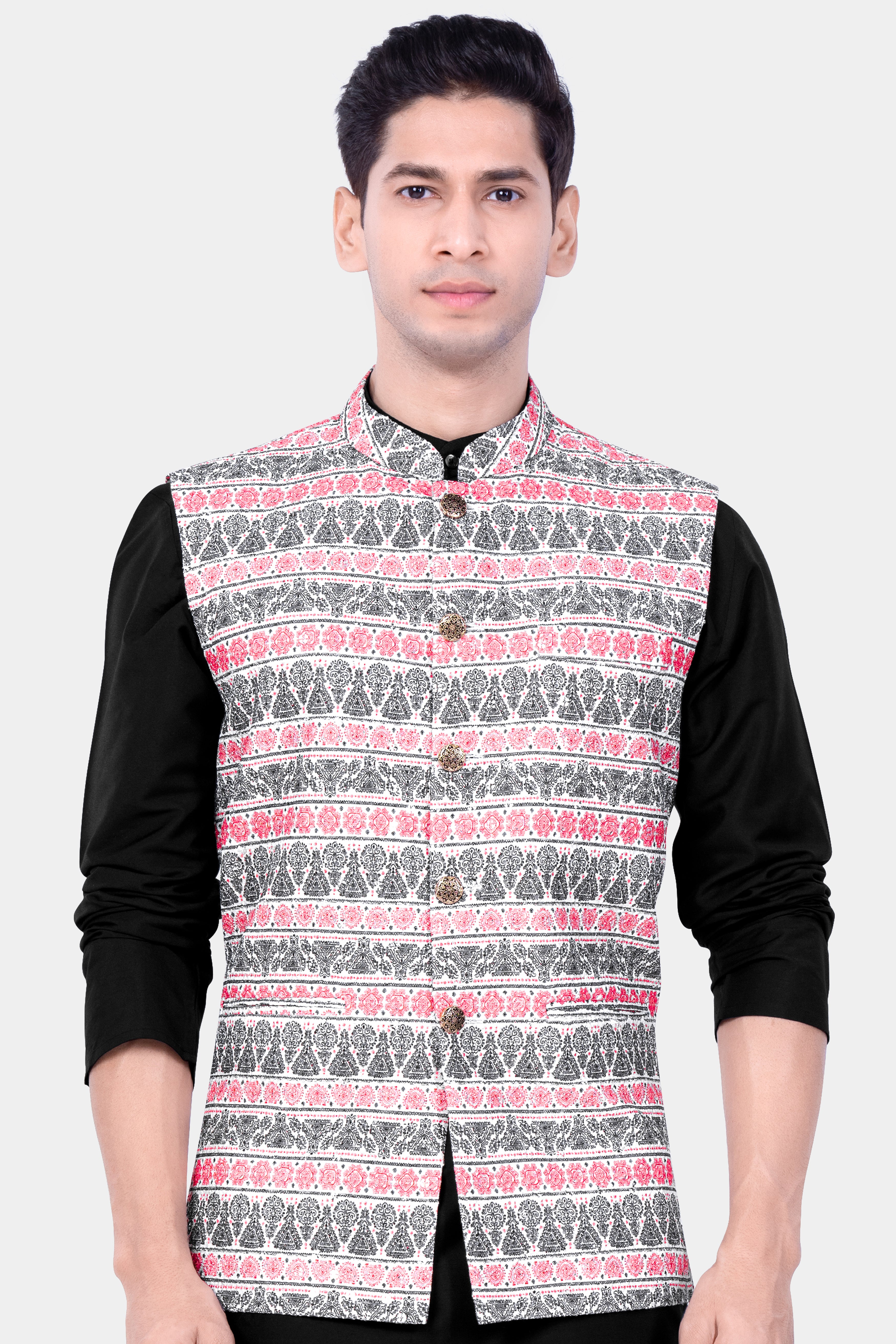 Brink Pink And jade Black Striped Designer Nehru Jacket